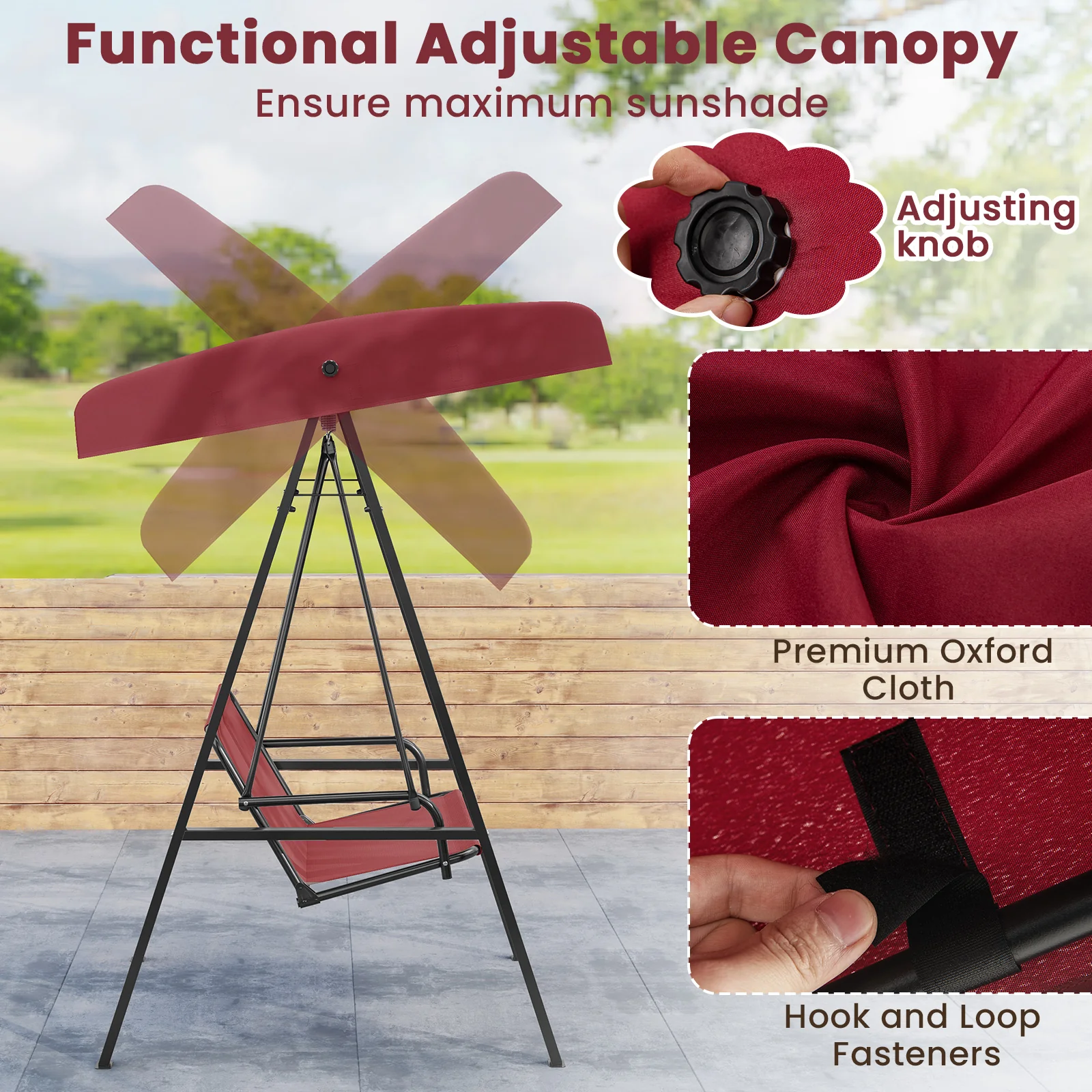 2-Person Outdoor Porch Swing, A-Shaped Metal Stand, Adjustable Canopy, Wine - Image 7