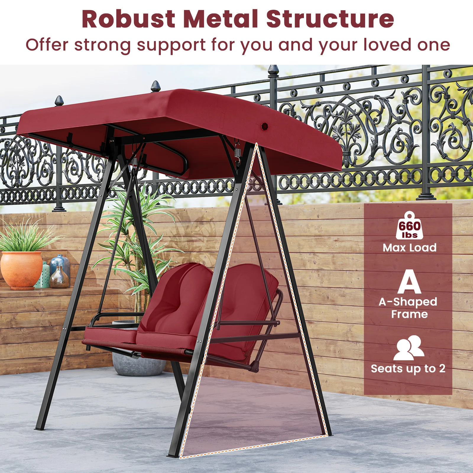 2-Person Outdoor Porch Swing, A-Shaped Metal Stand, Adjustable Canopy, Wine - Image 8
