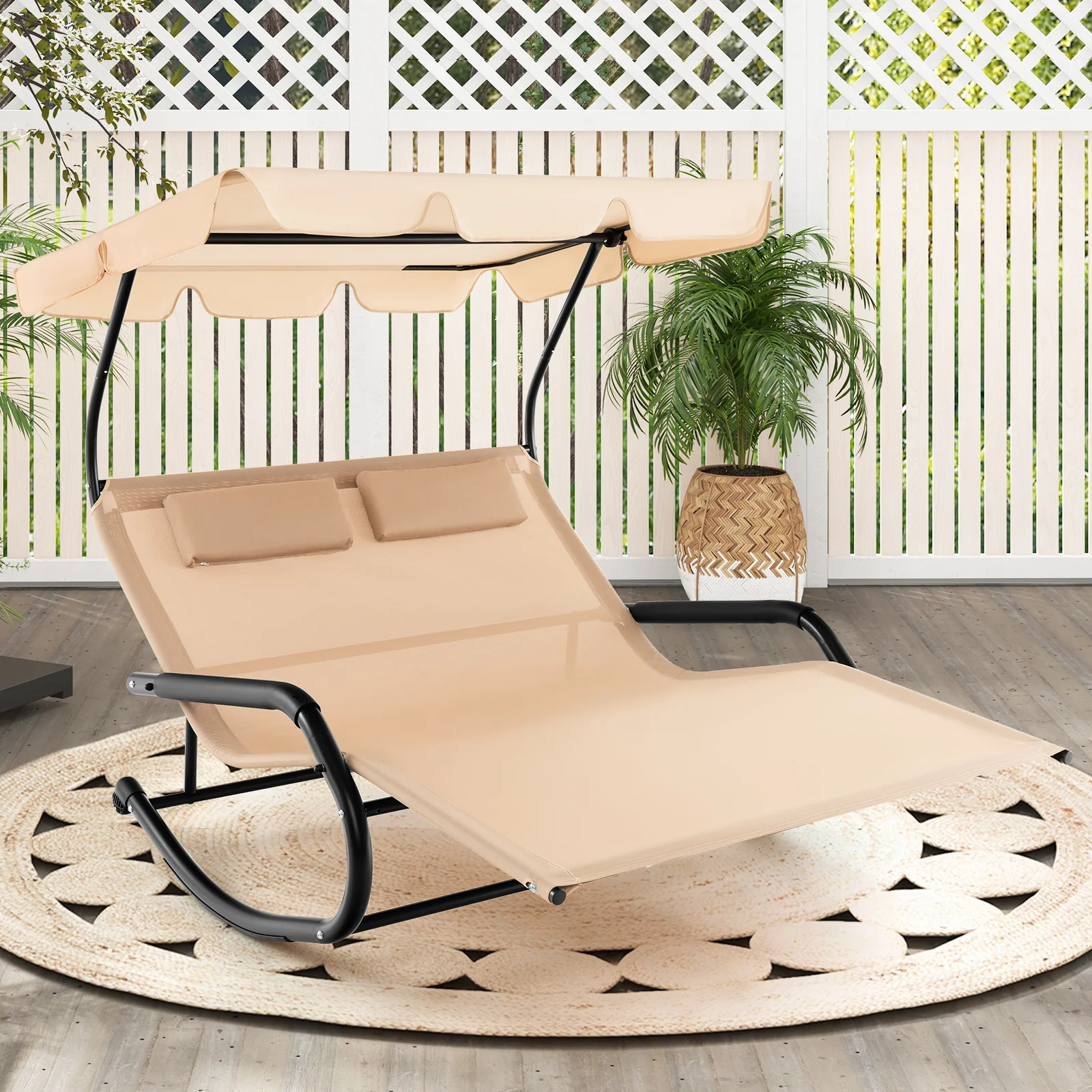 2 Person Outdoor Rocking Chaise Lounge, Canopy, Wheels, Beige - Image 2