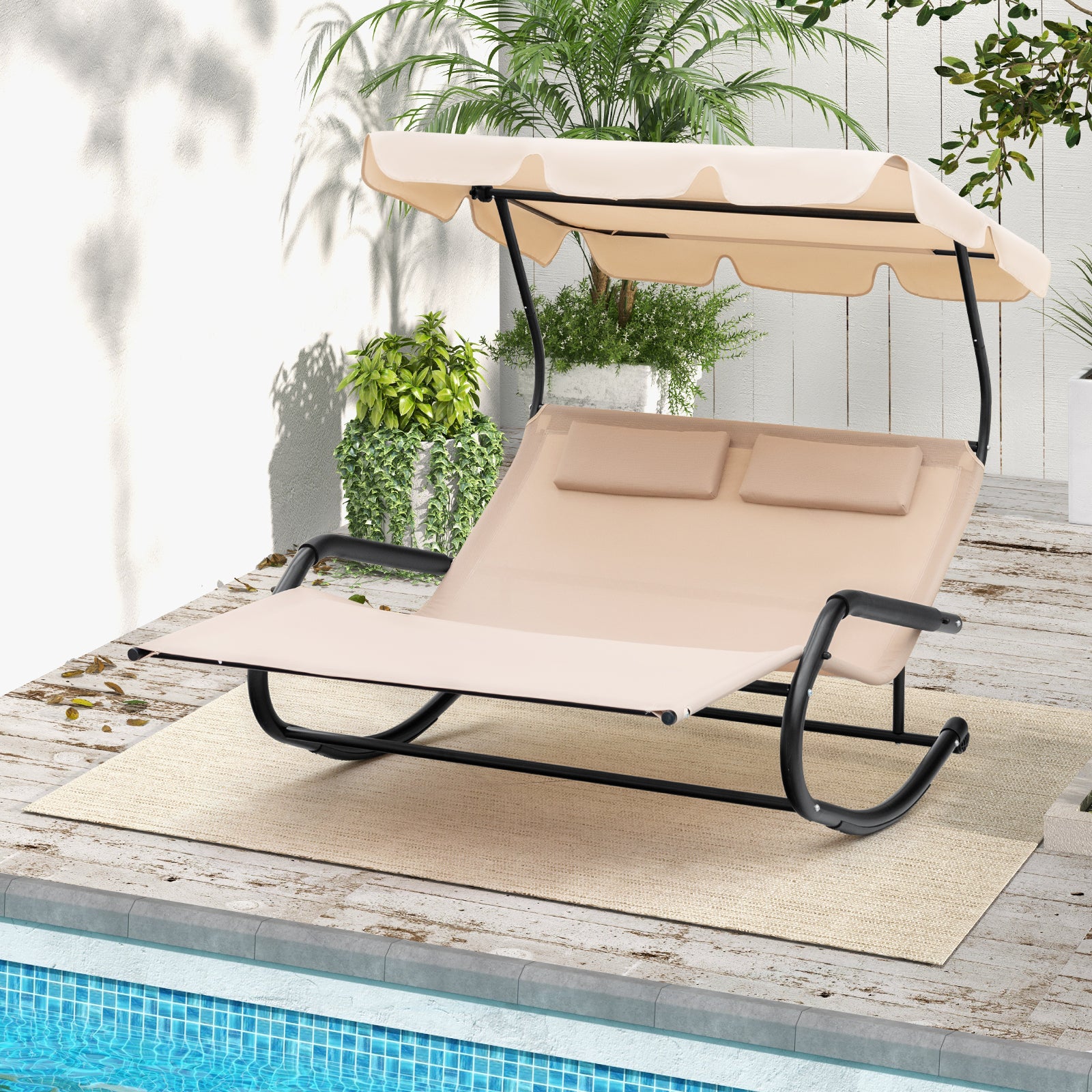 2 Person Outdoor Rocking Chaise Lounge, Canopy, Wheels, Beige - Image 3