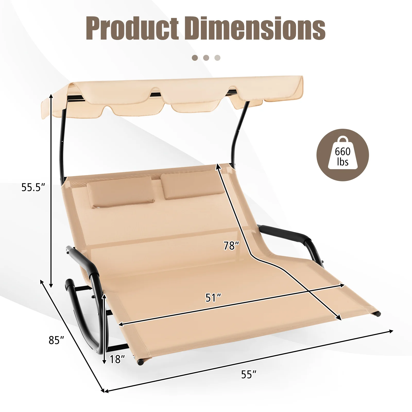 2 Person Outdoor Rocking Chaise Lounge, Canopy, Wheels, Beige - Image 5