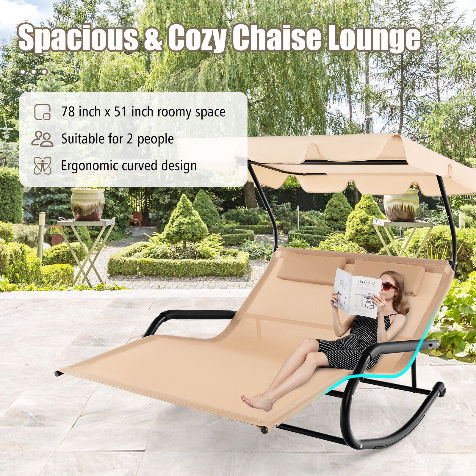 2 Person Outdoor Rocking Chaise Lounge, Canopy, Wheels, Beige - Image 6