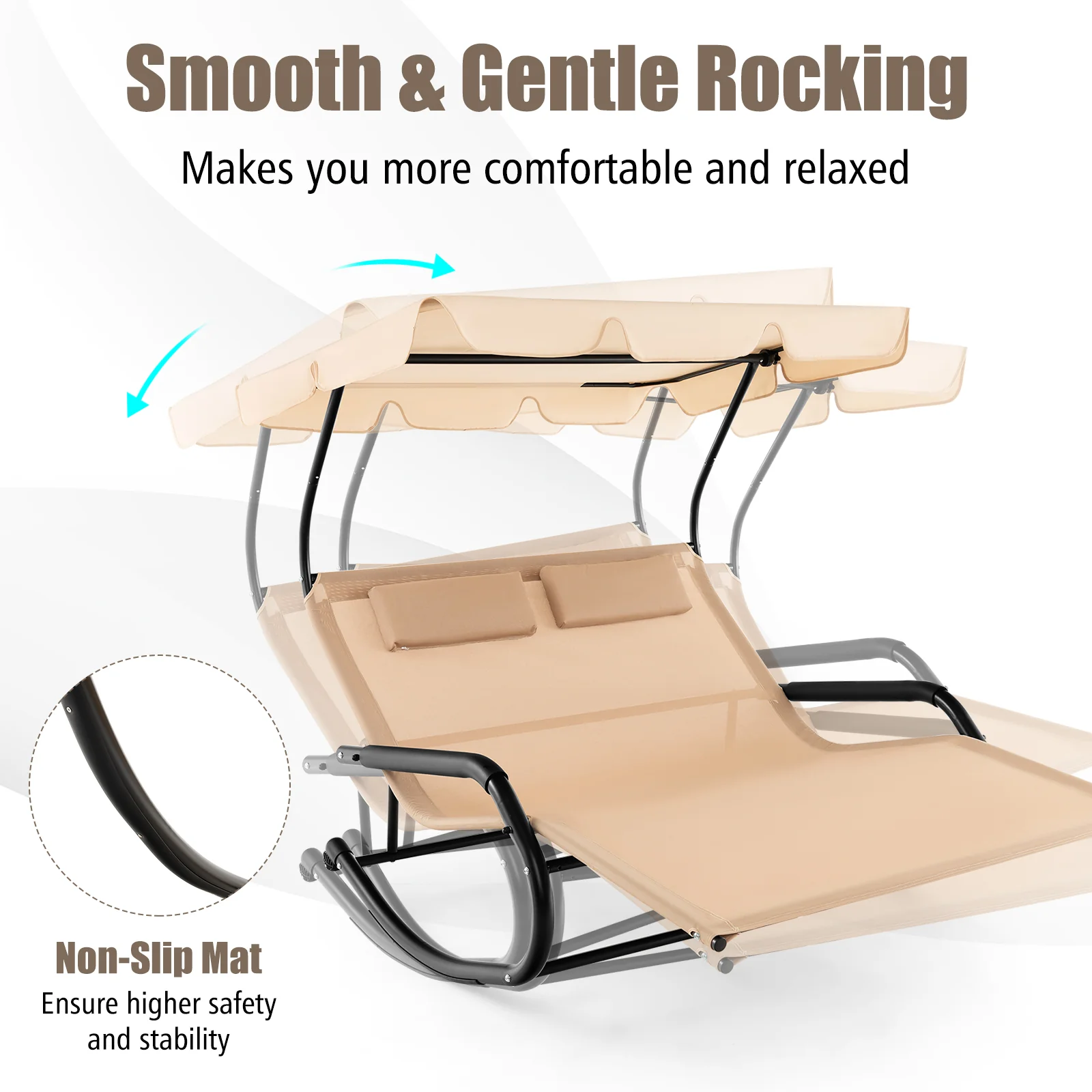 2 Person Outdoor Rocking Chaise Lounge, Canopy, Wheels, Beige - Image 7
