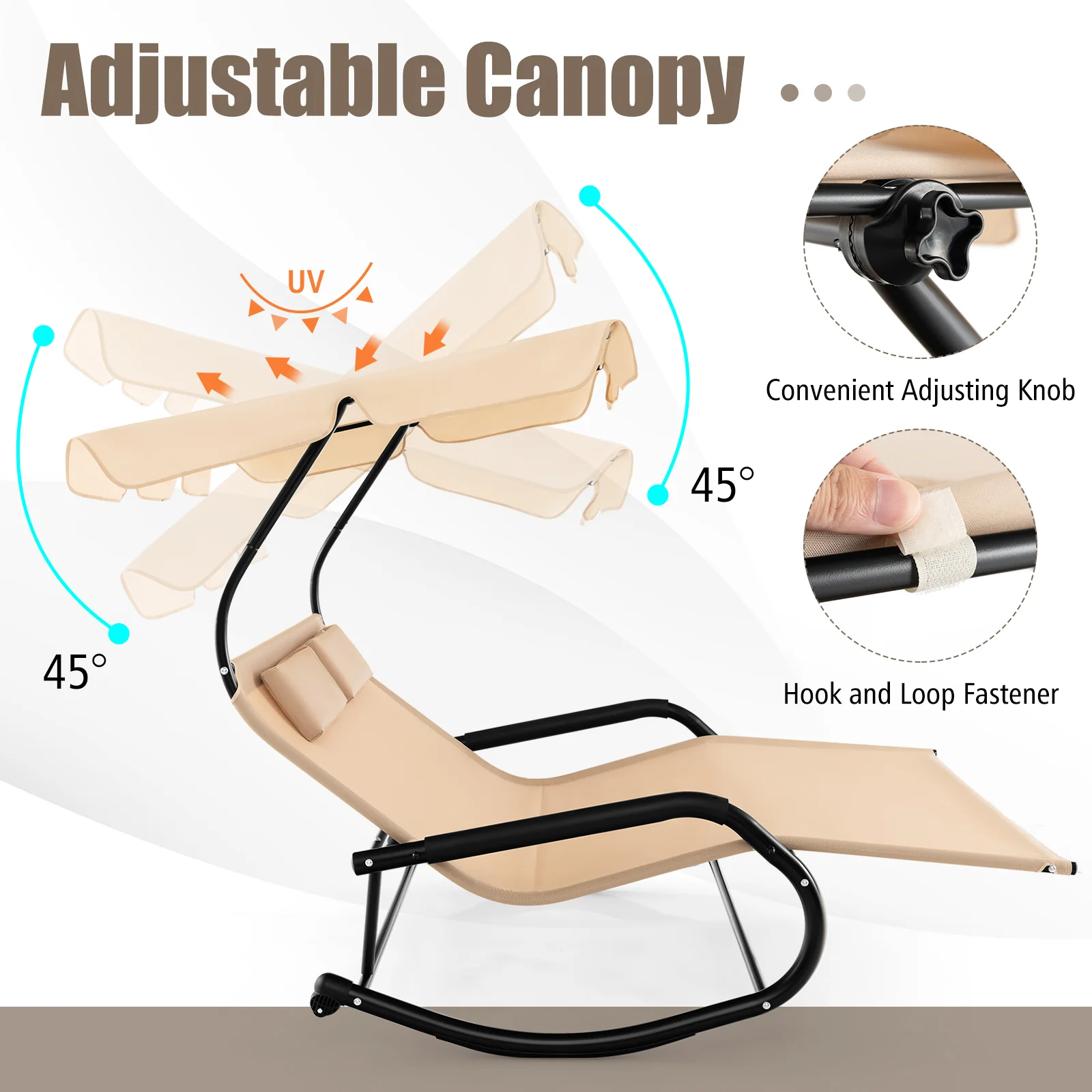 2 Person Outdoor Rocking Chaise Lounge, Canopy, Wheels, Beige - Image 8