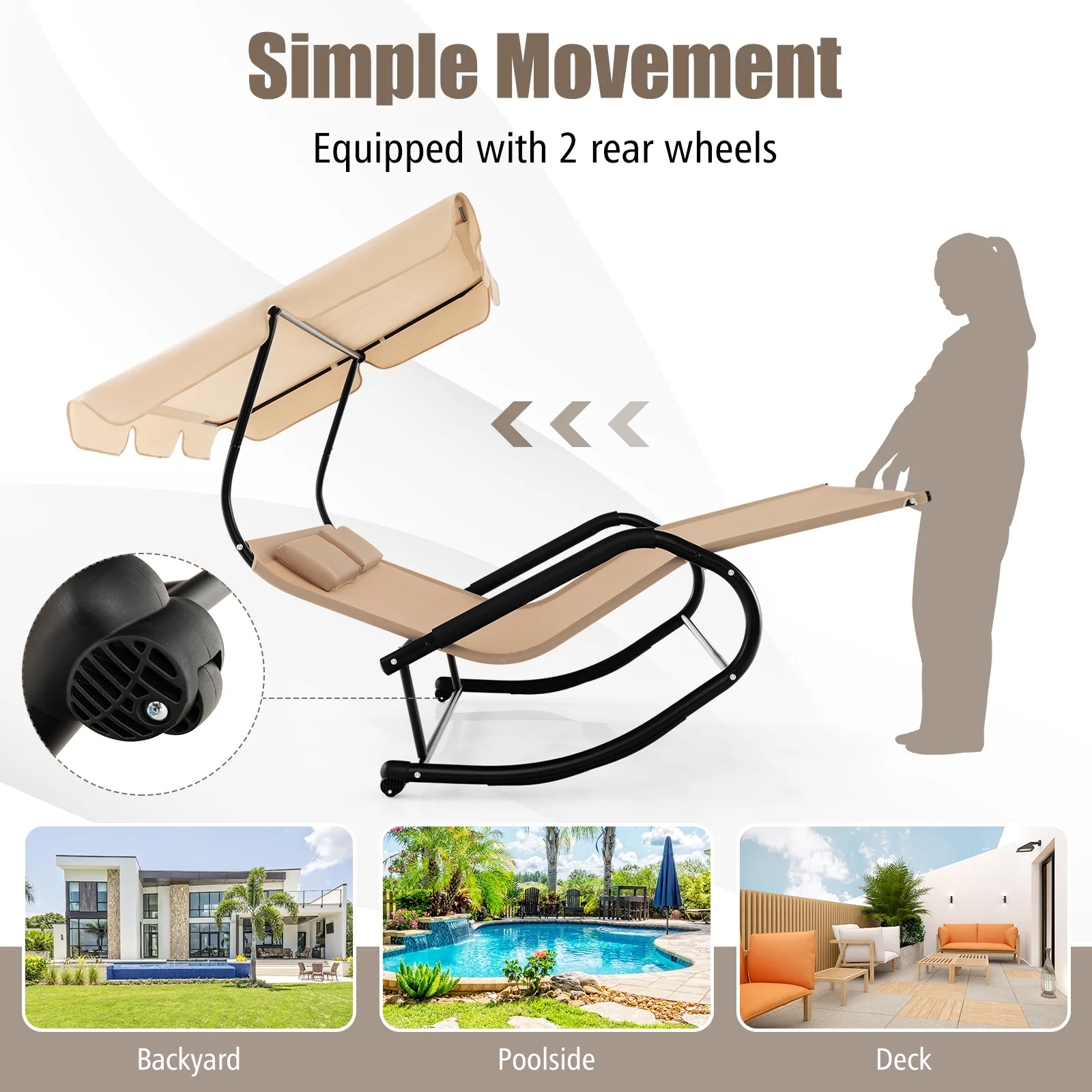 2 Person Outdoor Rocking Chaise Lounge, Canopy, Wheels, Beige - Image 9