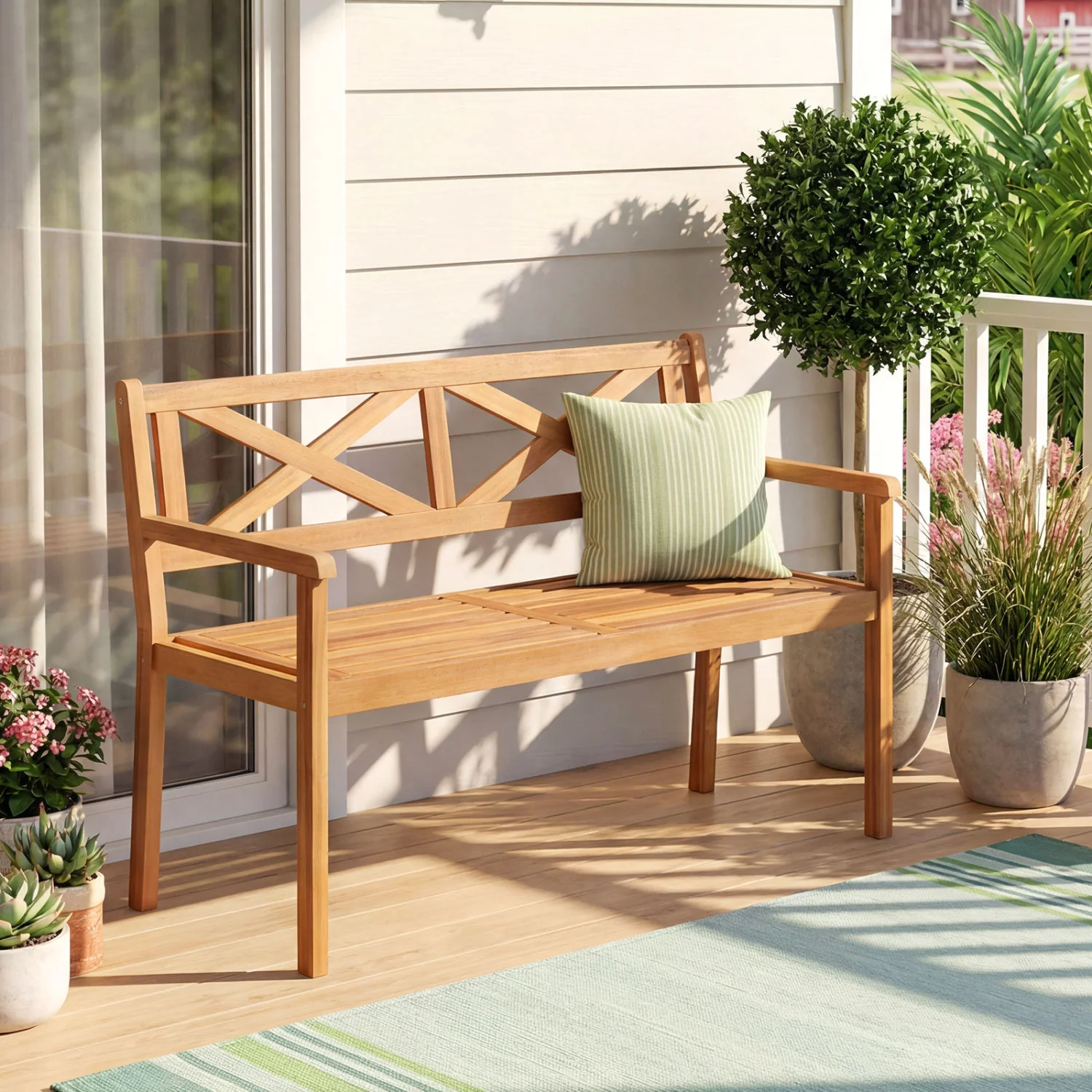 2-Person Patio Acacia Wood Chair with Armrests, Teak - Image 2