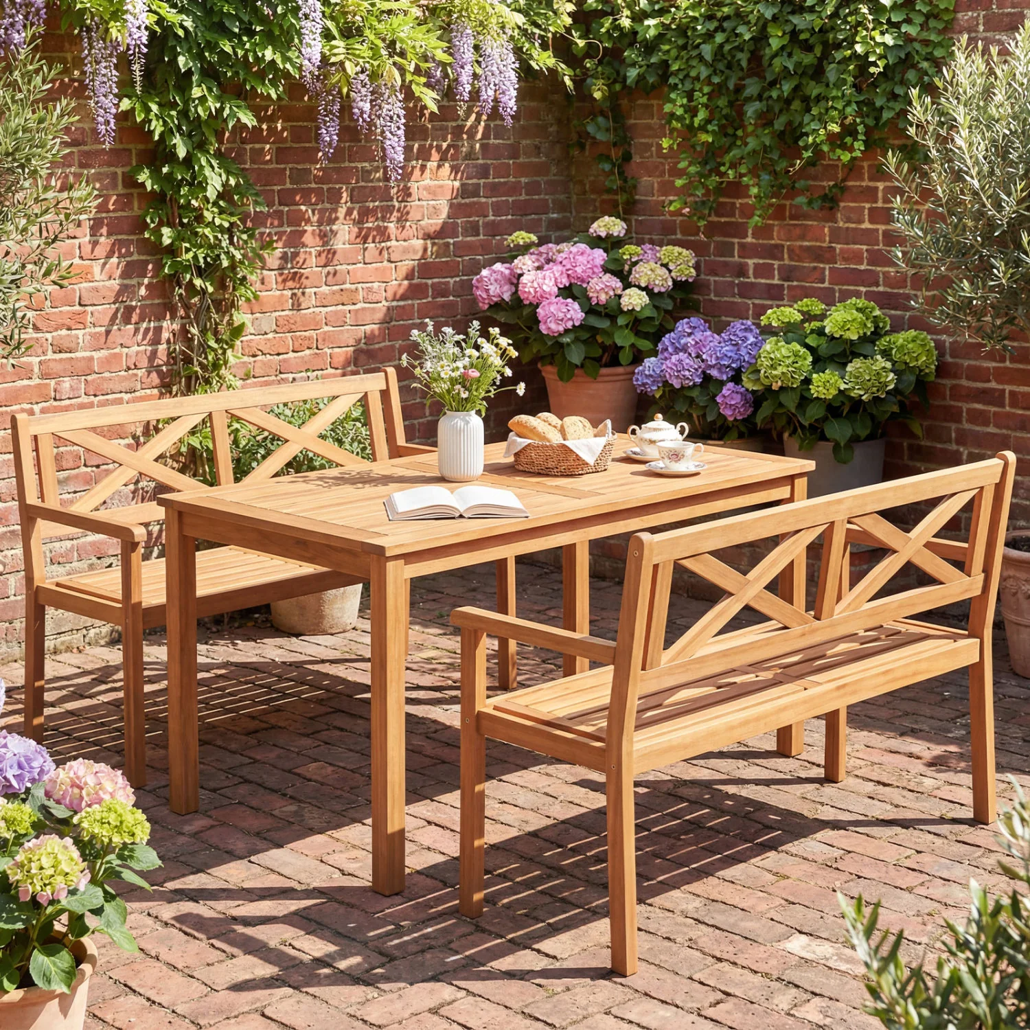 2-Person Patio Acacia Wood Chair with Armrests, Teak - Image 5