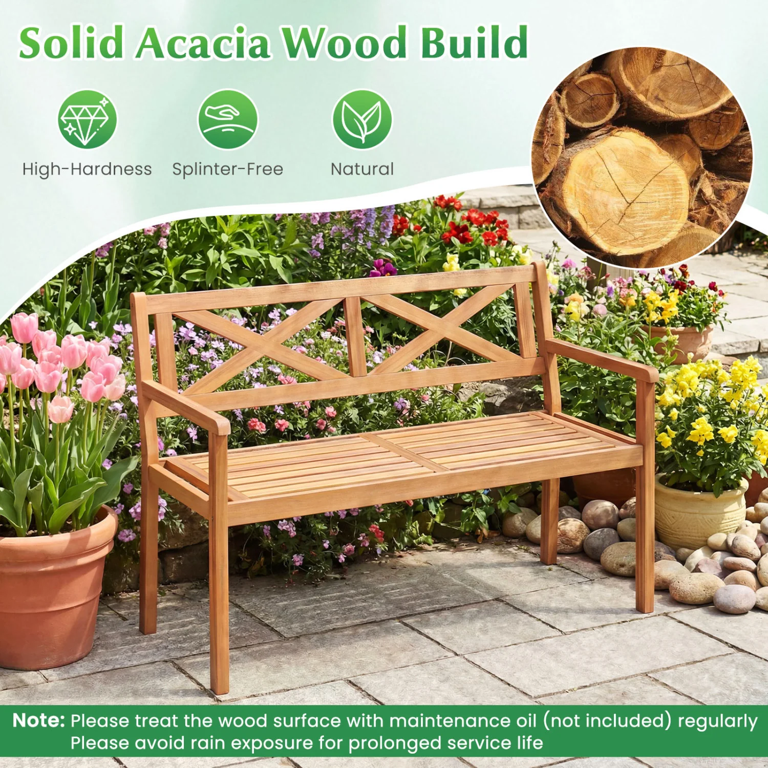 2-Person Patio Acacia Wood Chair with Armrests, Teak - Image 6