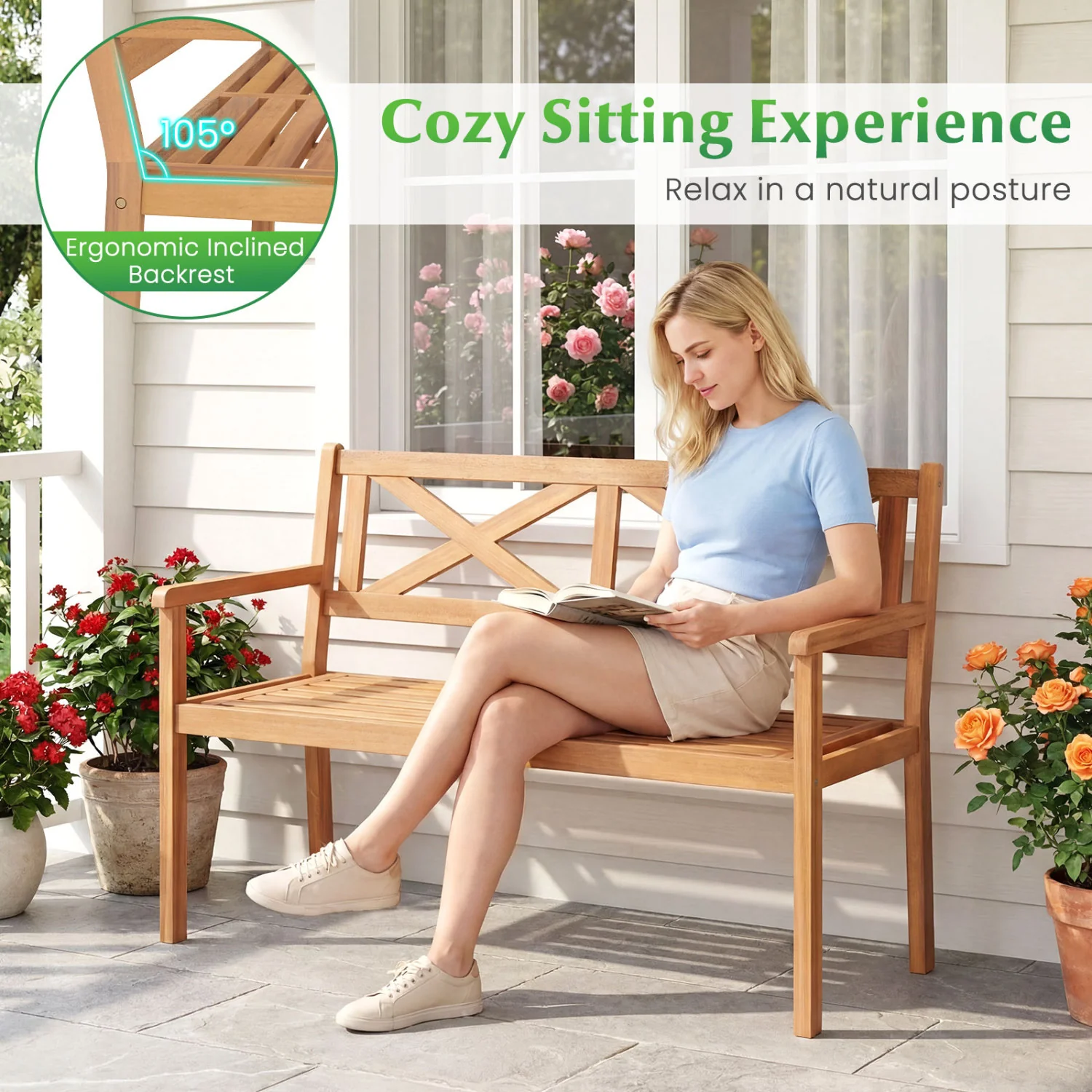 2-Person Patio Acacia Wood Chair with Armrests, Teak - Image 7