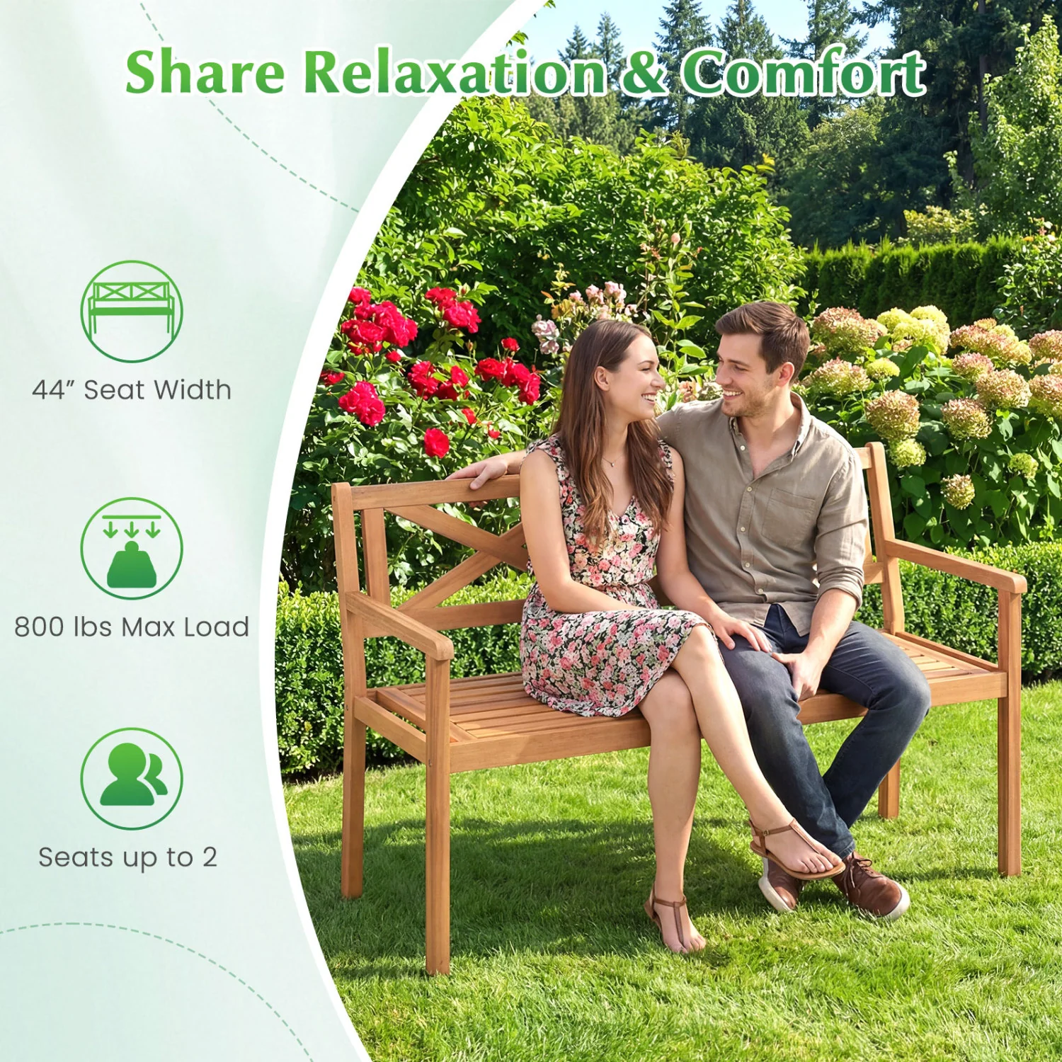 2-Person Patio Acacia Wood Chair with Armrests, Teak - Image 8