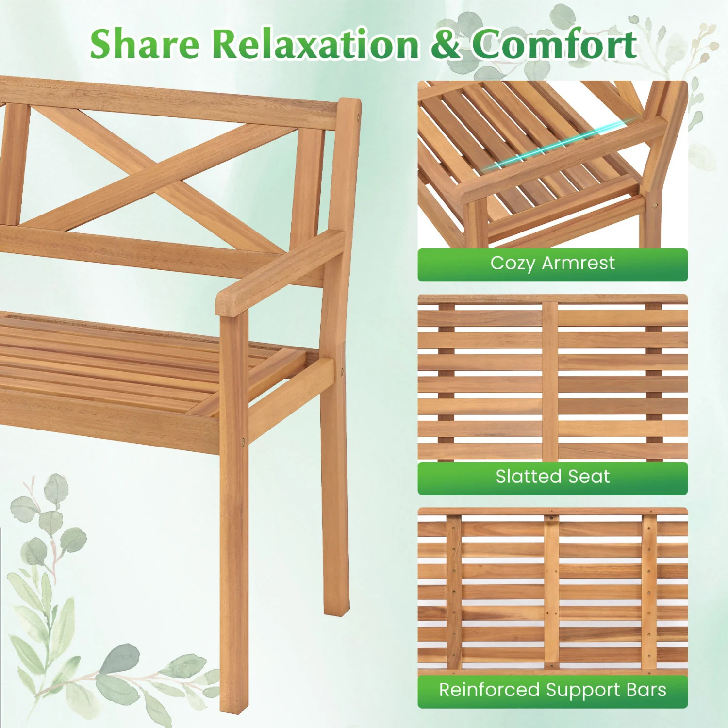 2-Person Patio Acacia Wood Chair with Armrests, Teak - Image 9