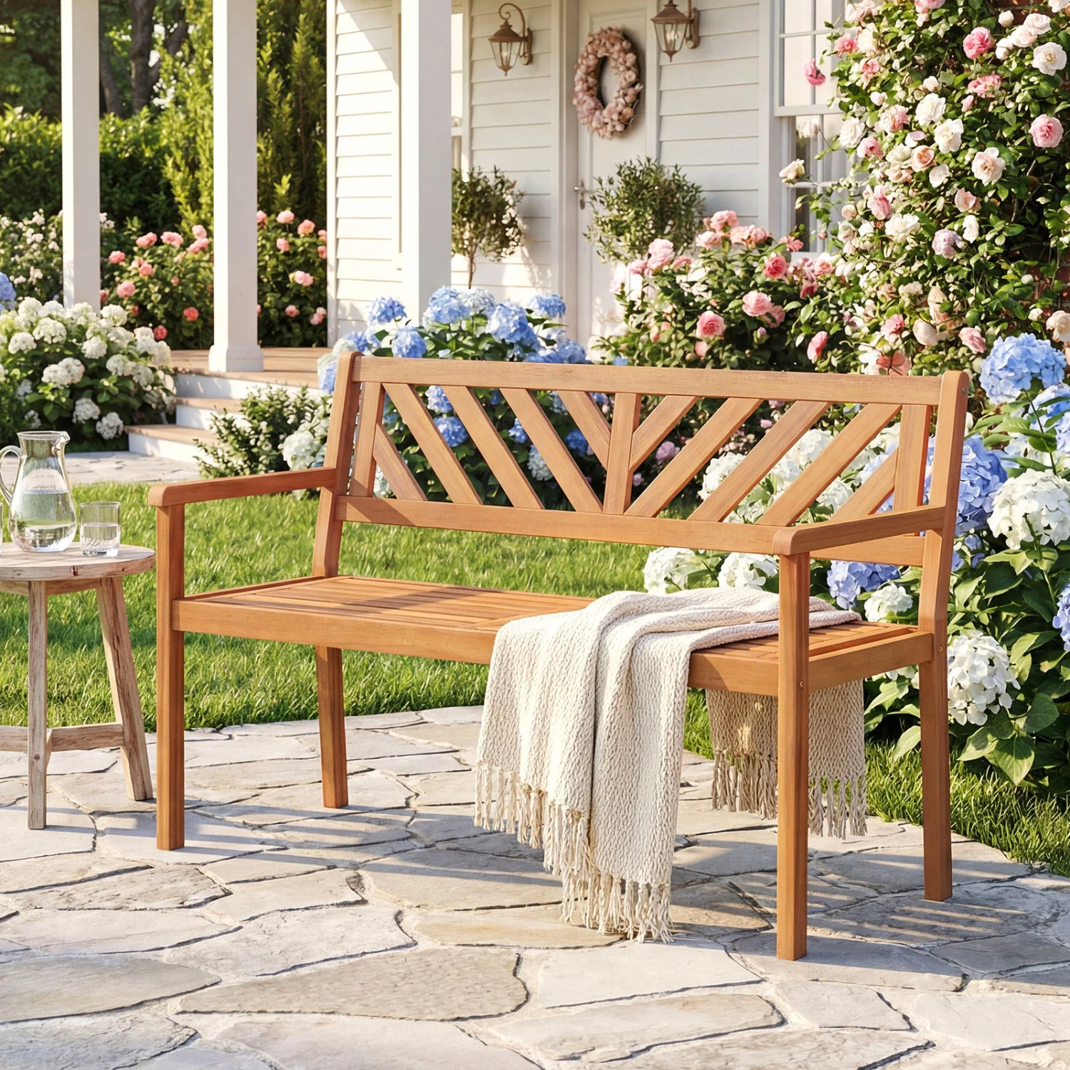 2-Person Patio Acacia Wood Garden Chair, Teak - Image 3