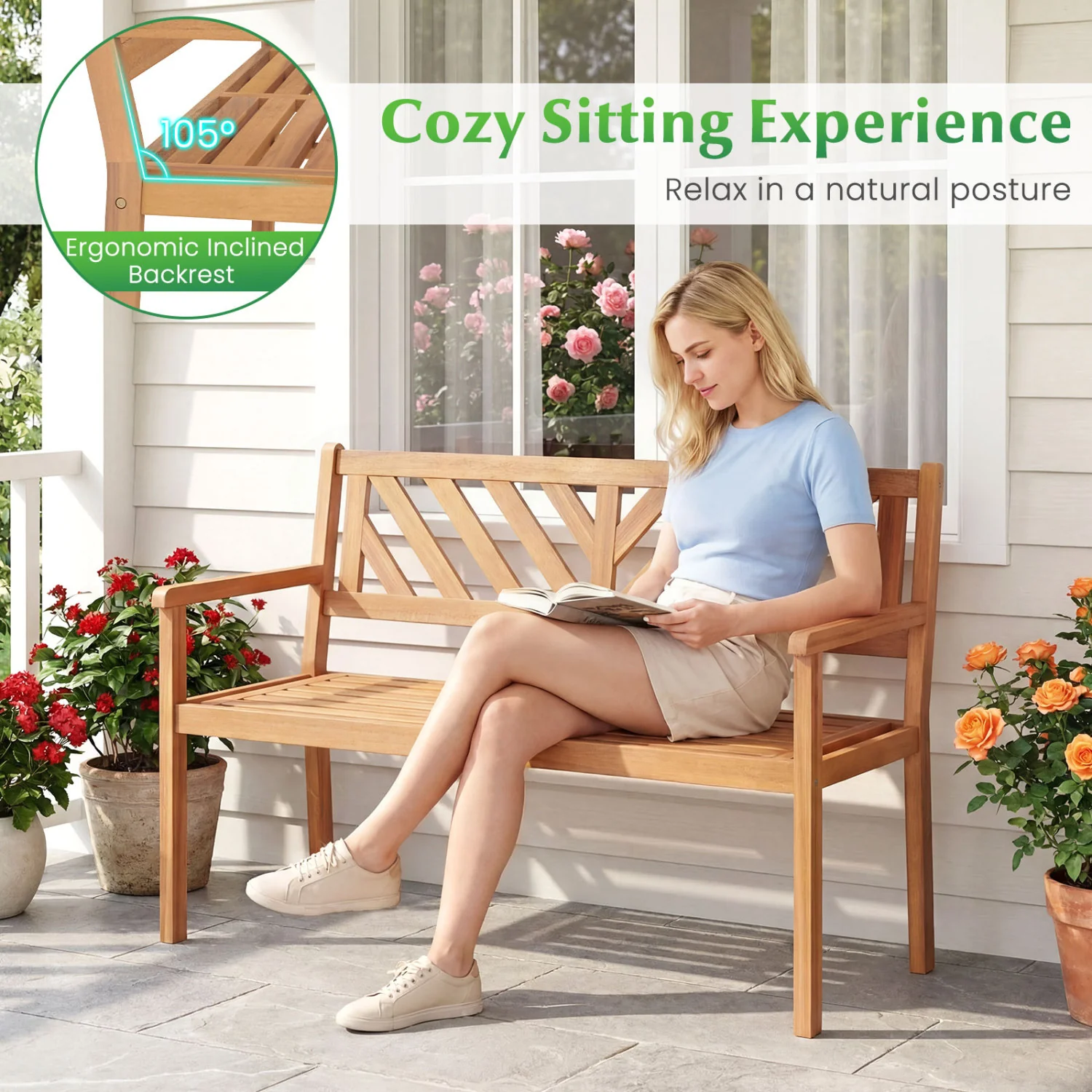 2-Person Patio Acacia Wood Garden Chair, Teak - Image 7