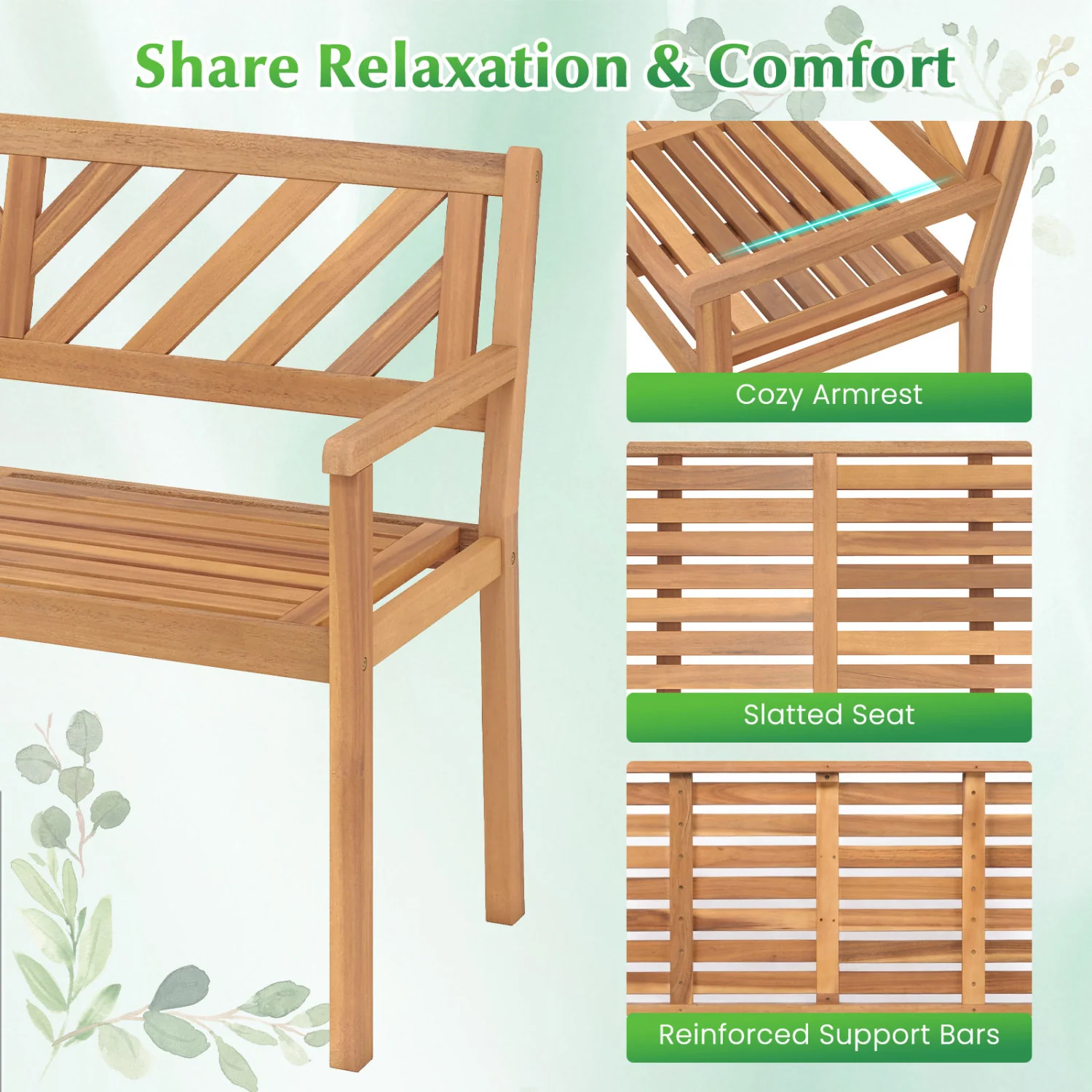 2-Person Patio Acacia Wood Garden Chair, Teak - Image 9
