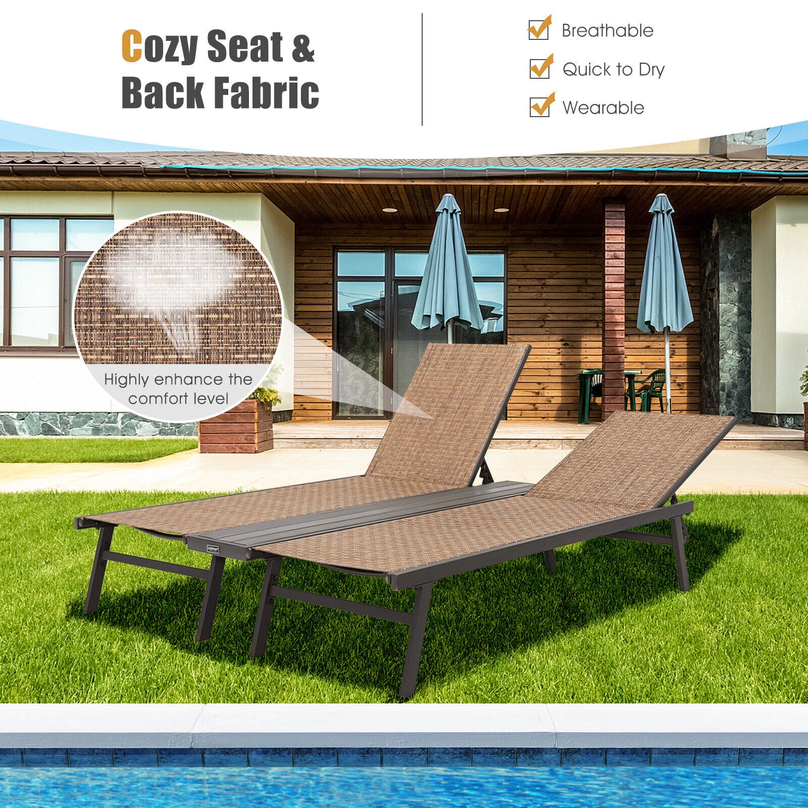 2-Person Patio Chaise Lounge, Brown - Image 10