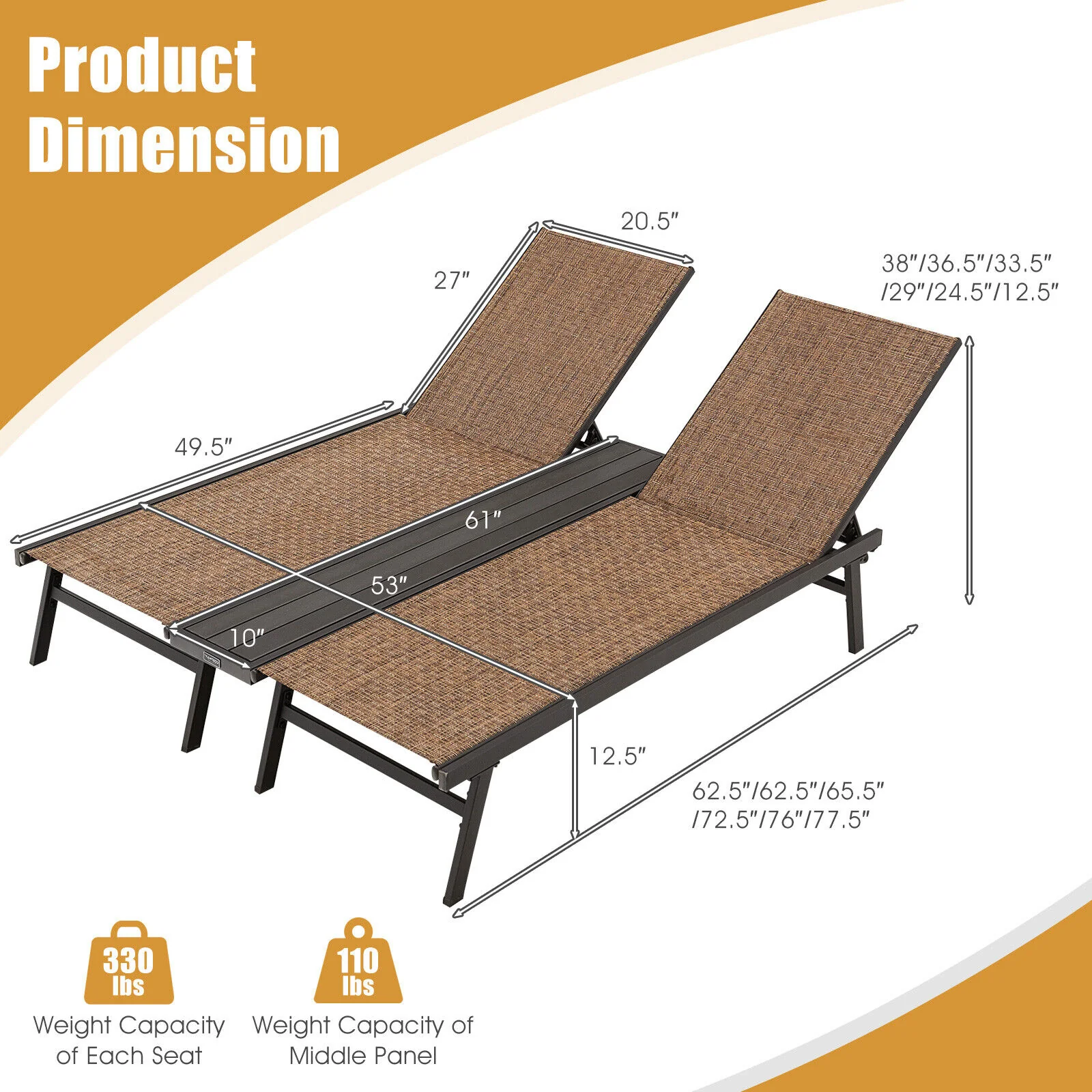 2-Person Patio Chaise Lounge, Brown - Image 6