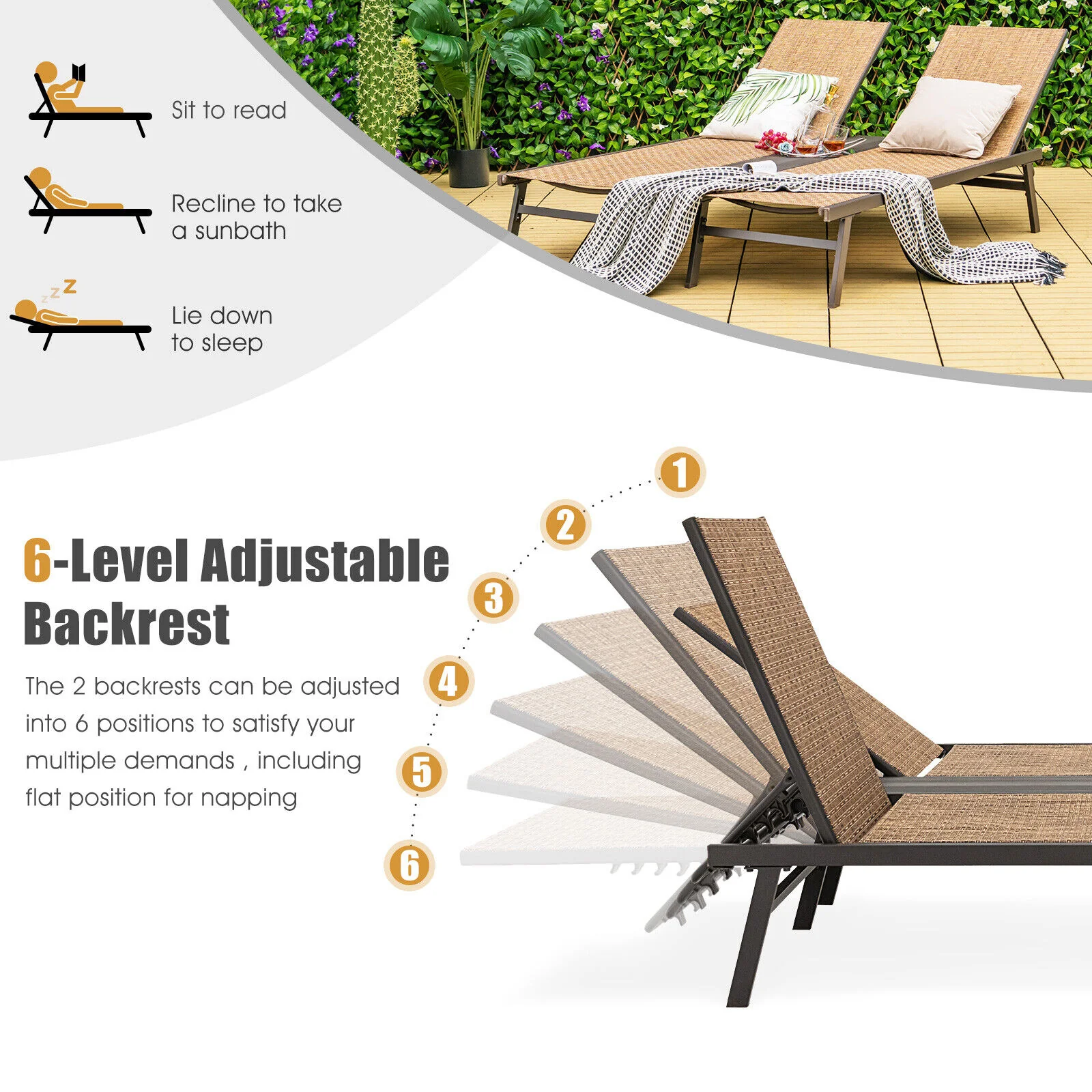2-Person Patio Chaise Lounge, Brown - Image 8