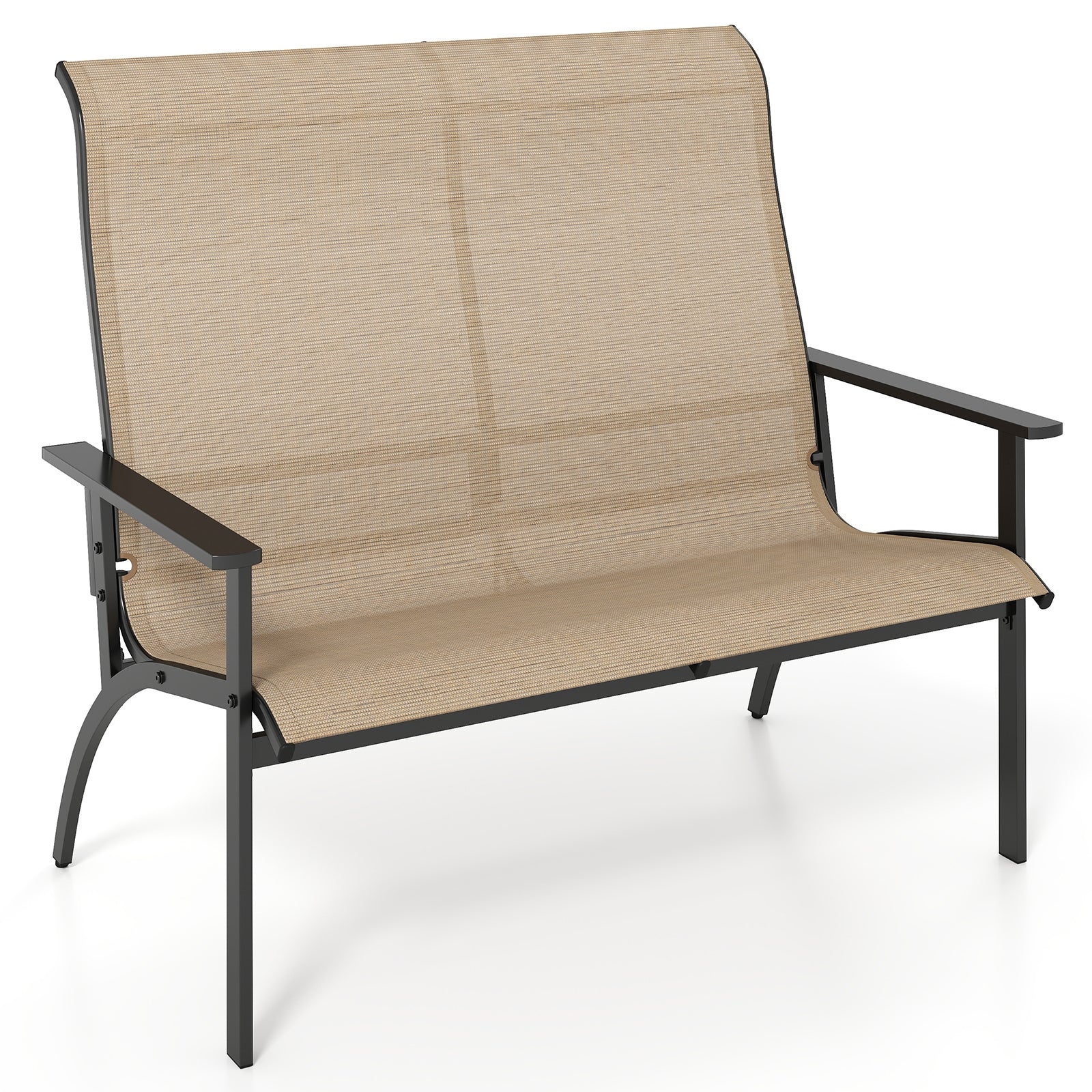 2-Person Patio Garden Bench, High Back Armrests, Coffee
