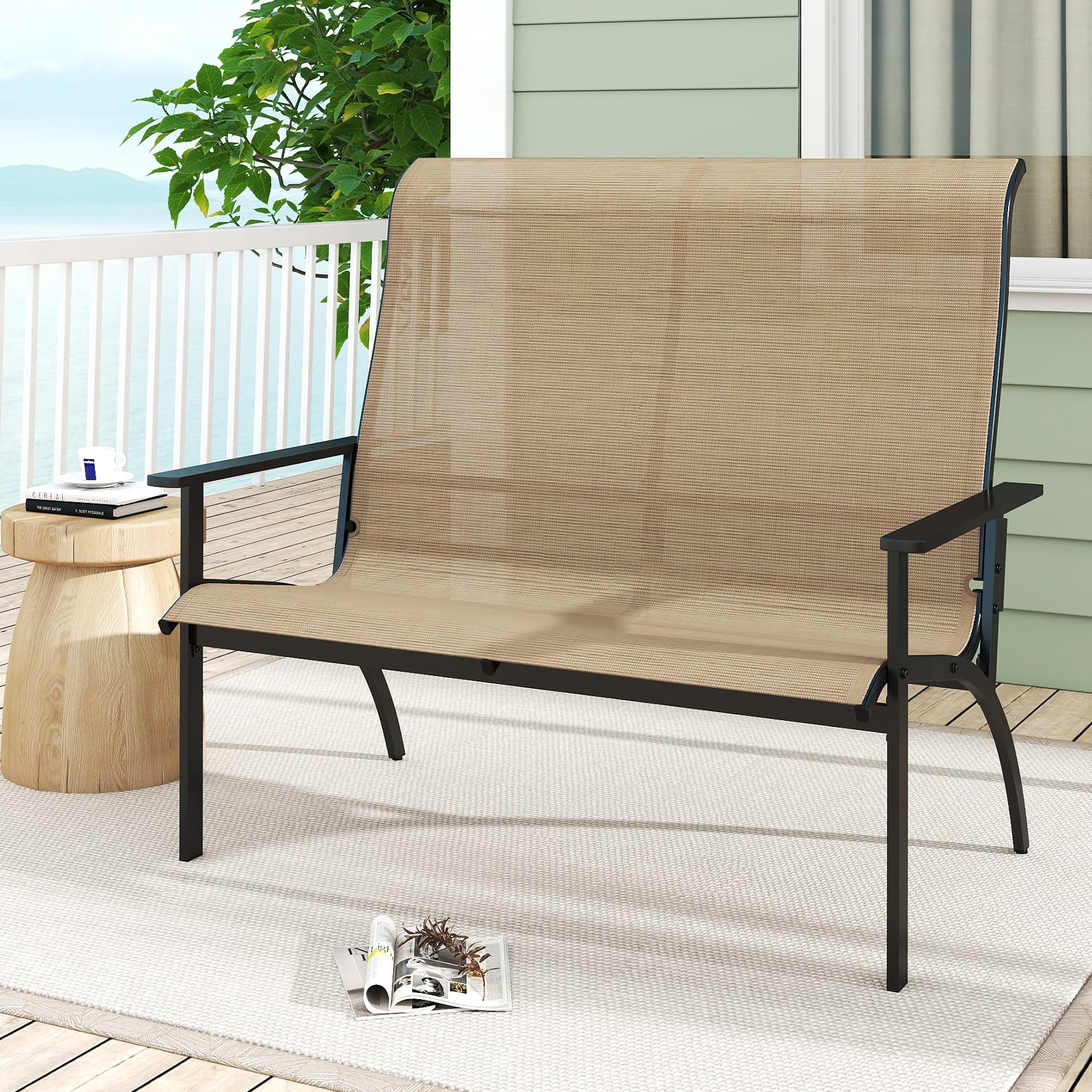 2-Person Patio Garden Bench, High Back Armrests, Coffee - Image 3