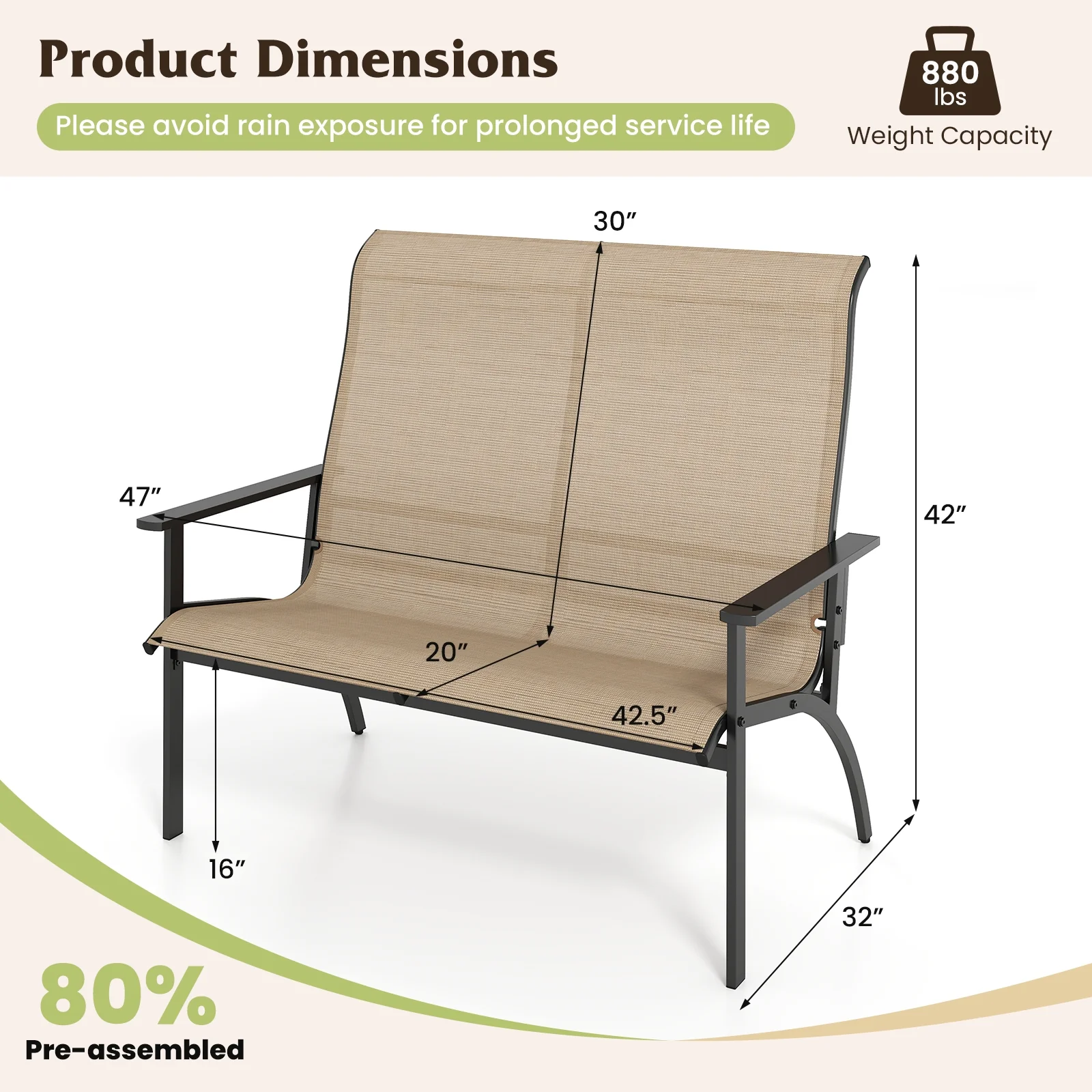 2-Person Patio Garden Bench, High Back Armrests, Coffee - Image 5