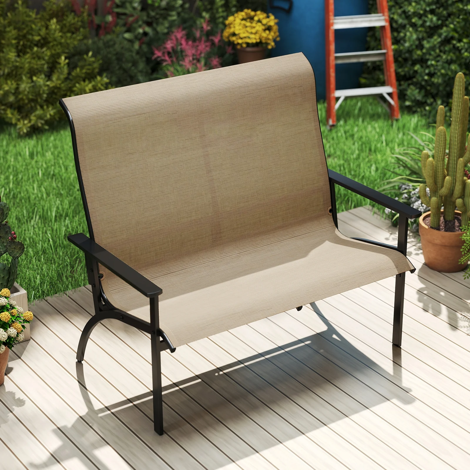 2-Person Patio Garden Bench, High Back Armrests, Coffee - Image 6
