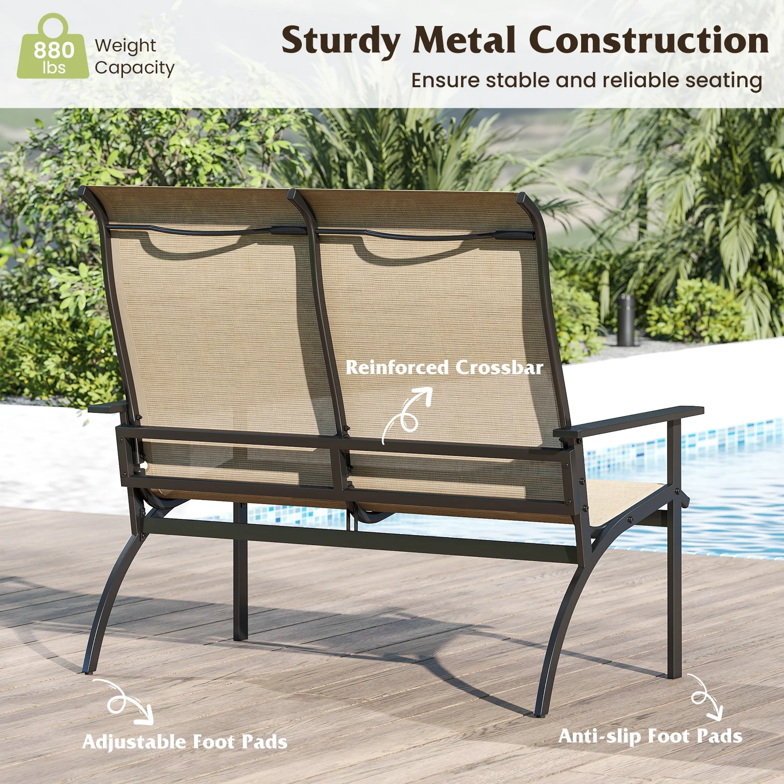 2-Person Patio Garden Bench, High Back Armrests, Coffee - Image 8