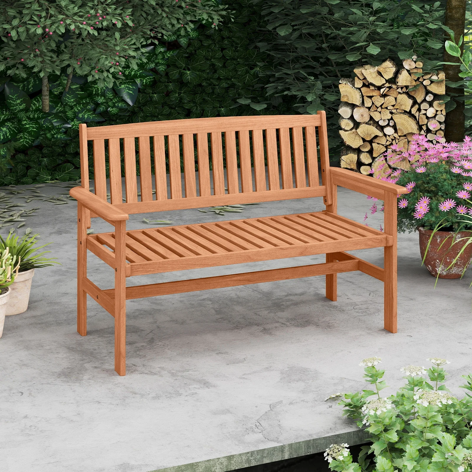 2-Person Patio Loveseat, Slatted Backrest, Comfortable Armrests, Natural - Image 2