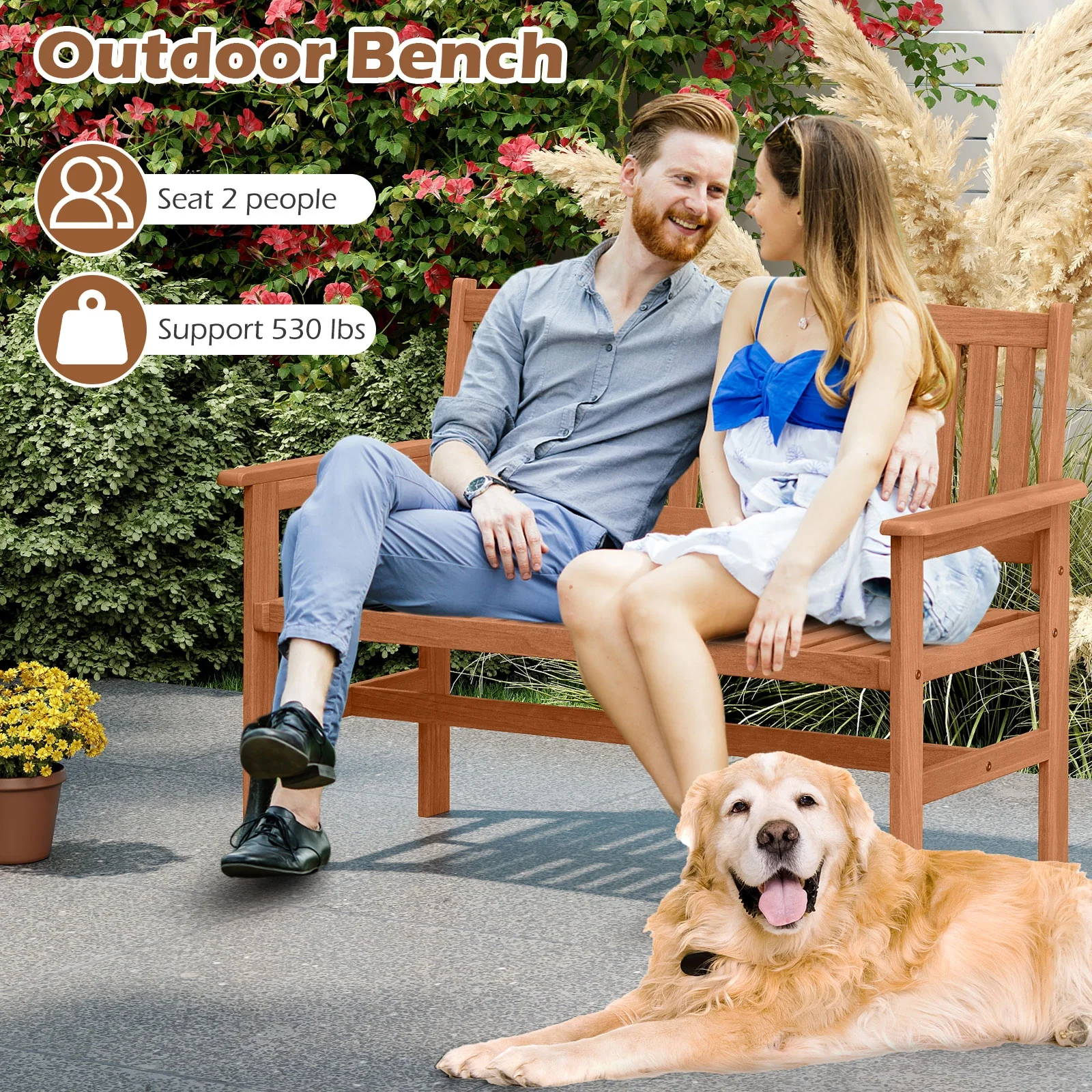 2-Person Patio Loveseat, Slatted Backrest, Comfortable Armrests, Natural - Image 8