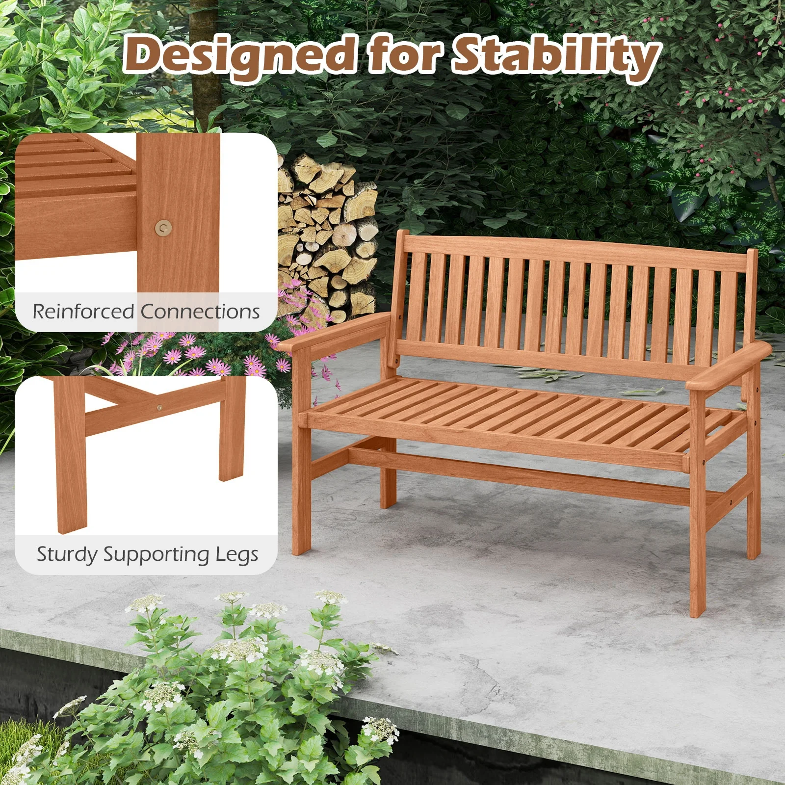 2-Person Patio Loveseat, Slatted Backrest, Comfortable Armrests, Natural - Image 9