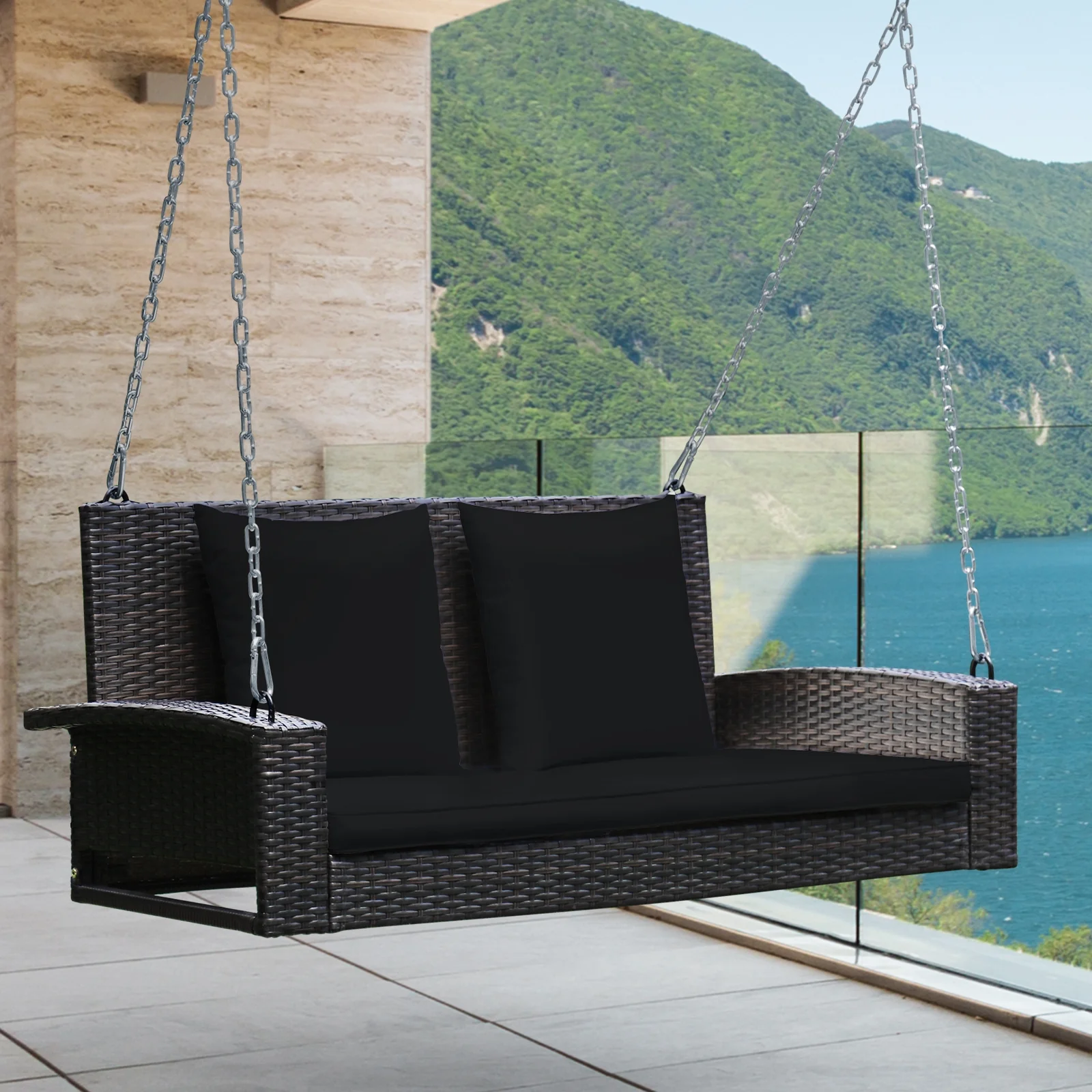 2-Person Patio Rattan Swing With Cushions, Black - Image 10