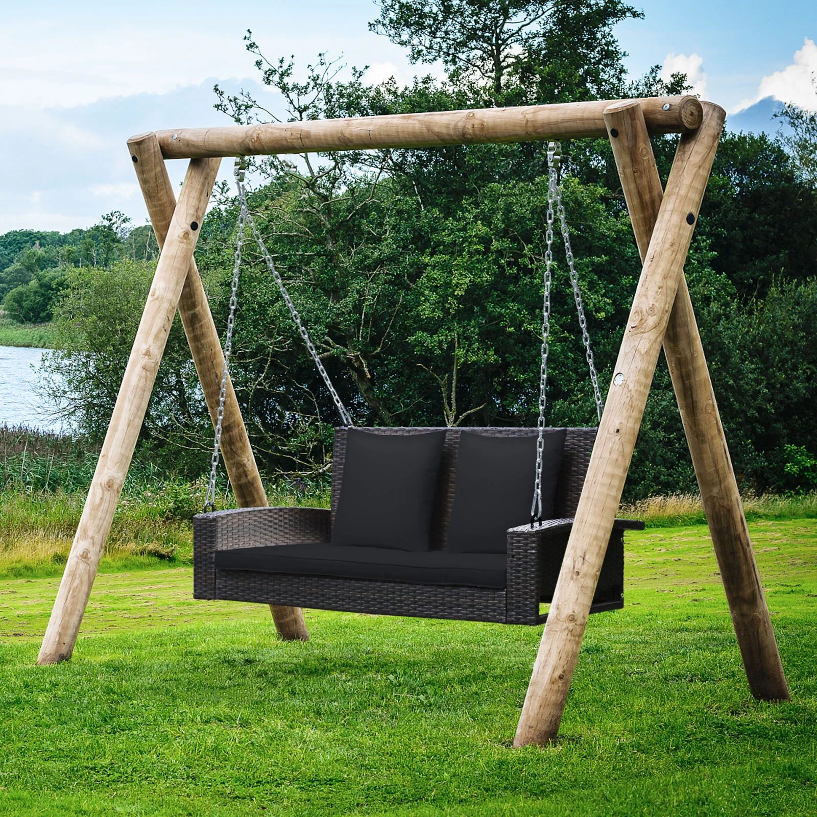 2-Person Patio Rattan Swing With Cushions, Black - Image 2