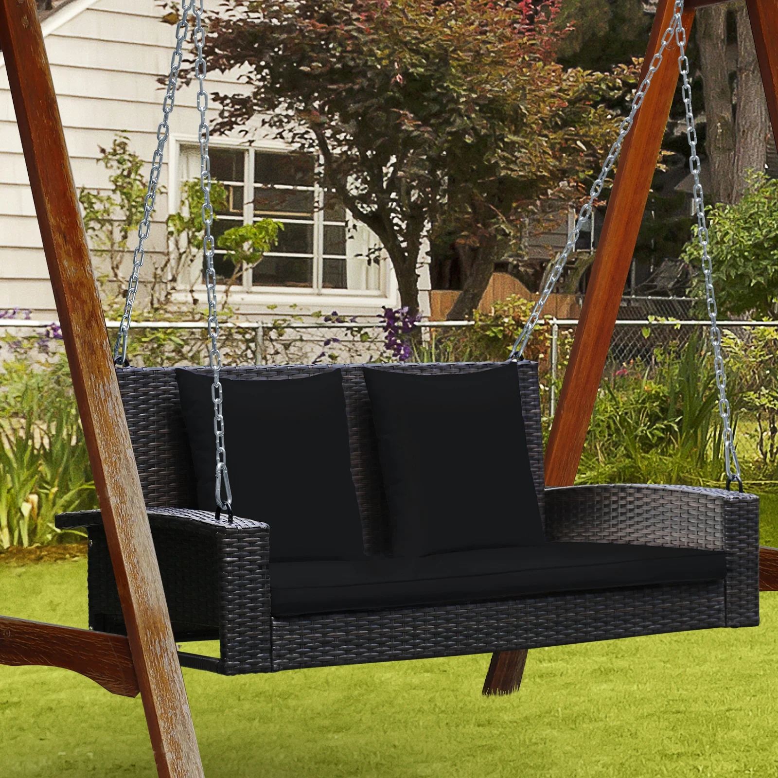 2-Person Patio Rattan Swing With Cushions, Black - Image 3