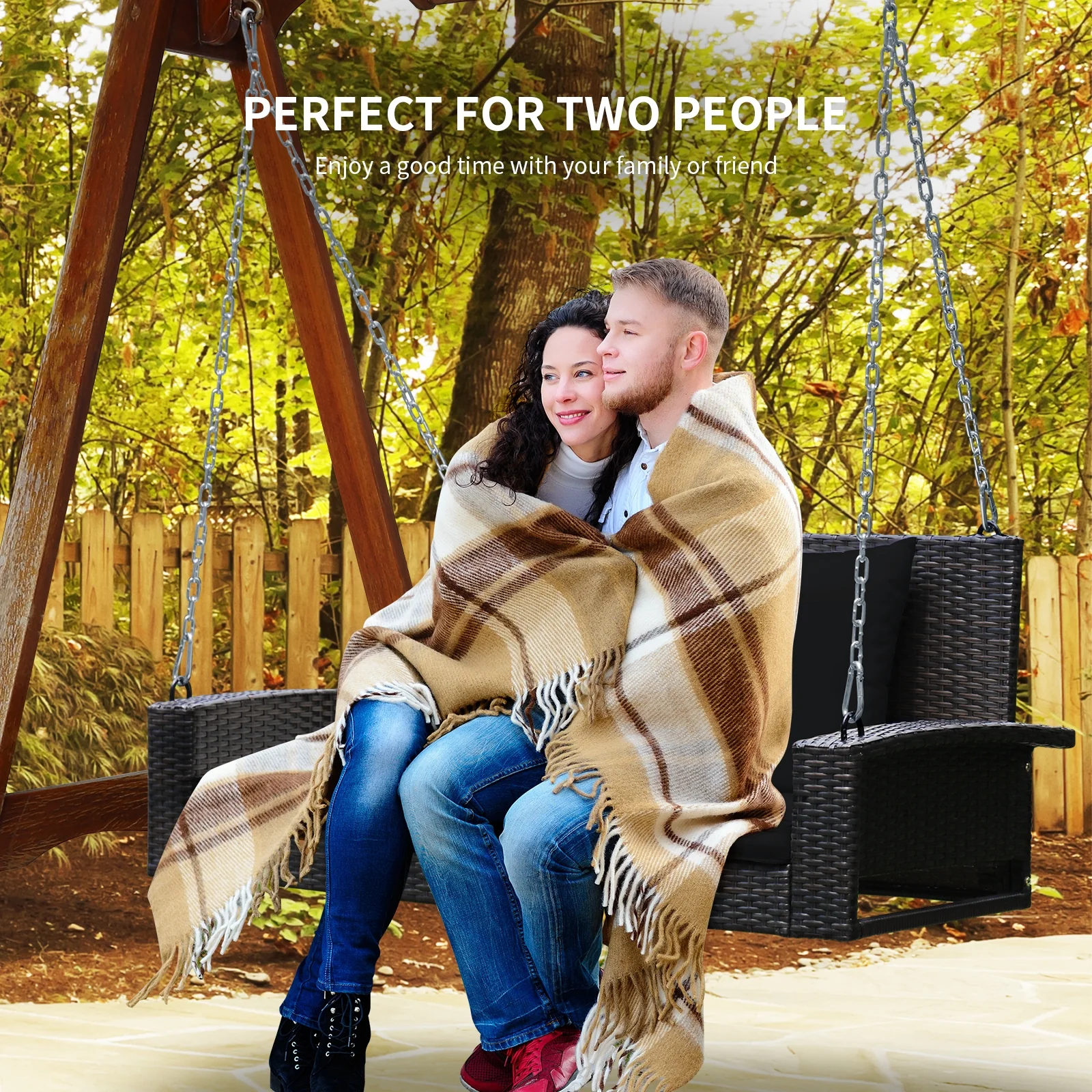 2-Person Patio Rattan Swing With Cushions, Black - Image 7