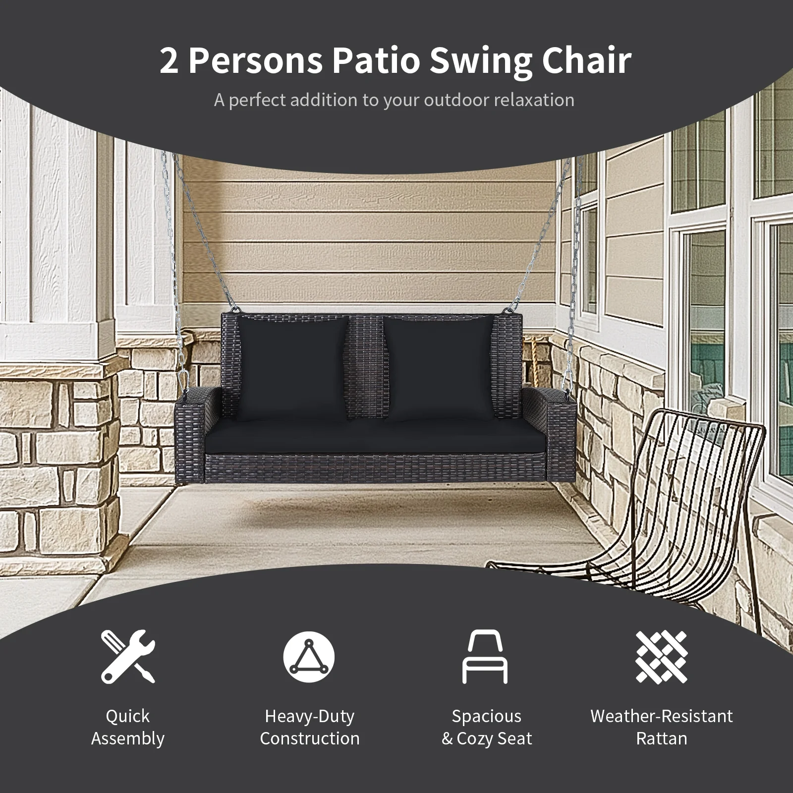 2-Person Patio Rattan Swing With Cushions, Black - Image 8