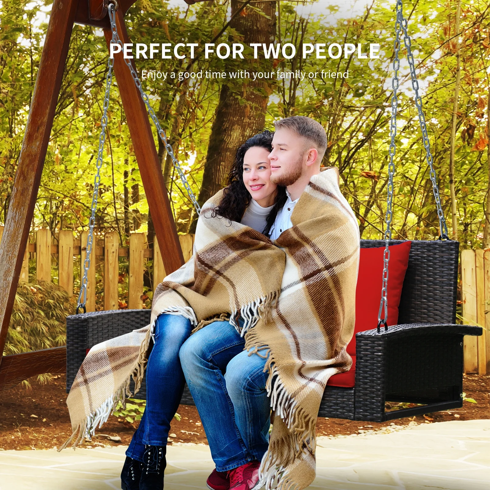 2-Person Patio Rattan Swing With Cushions, Red - Image 10
