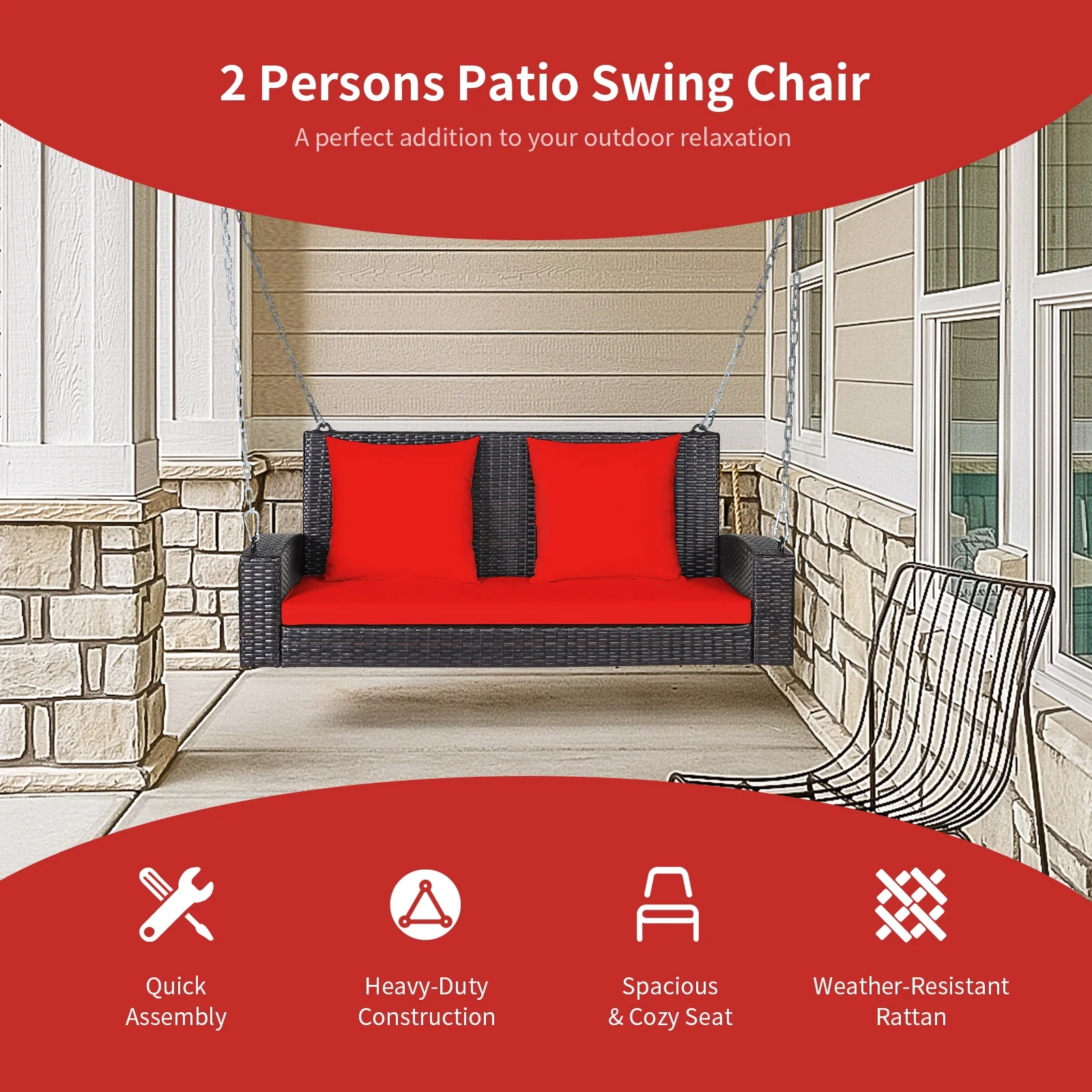 2-Person Patio Rattan Swing With Cushions, Red - Image 3