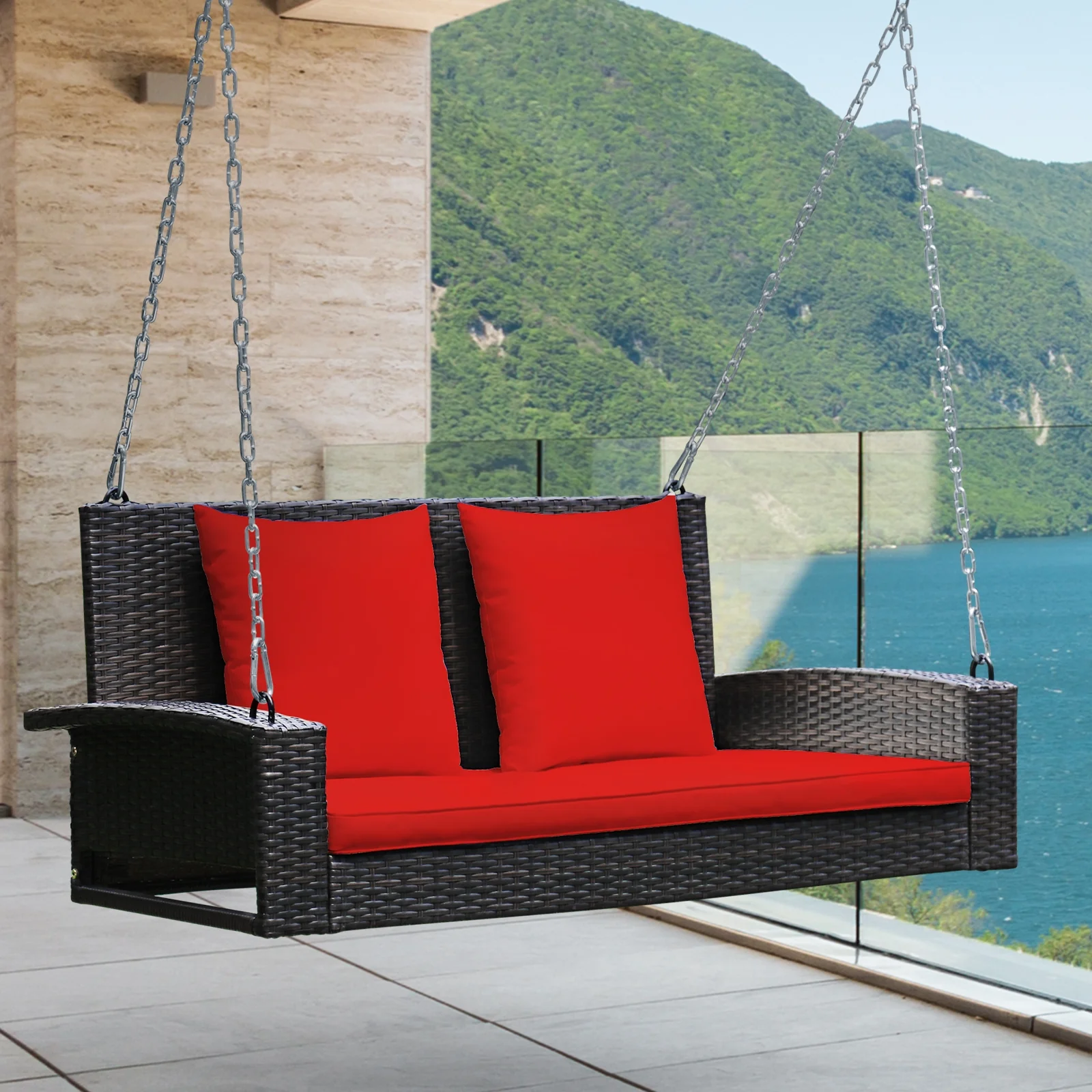2-Person Patio Rattan Swing With Cushions, Red - Image 7