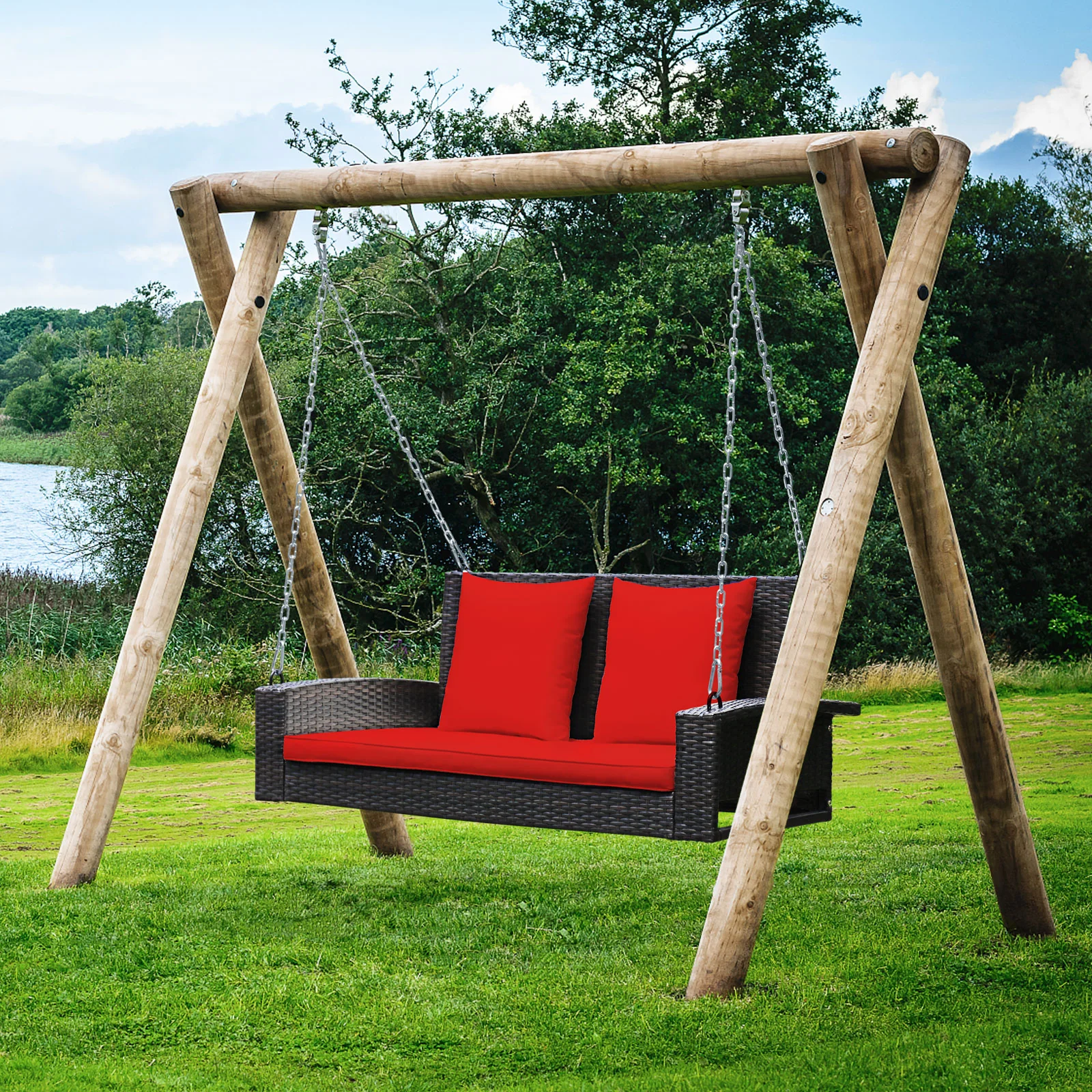 2-Person Patio Rattan Swing With Cushions, Red - Image 8