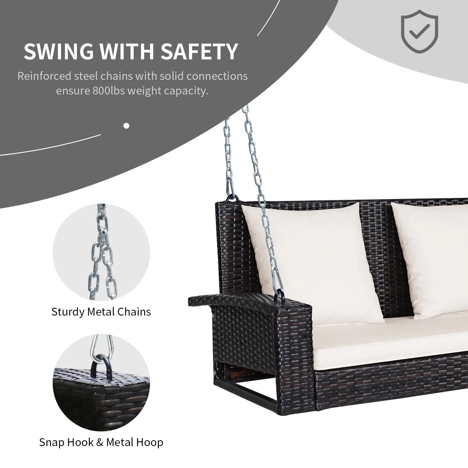 2-Person Patio Rattan Swing With Cushions, White - Image 10