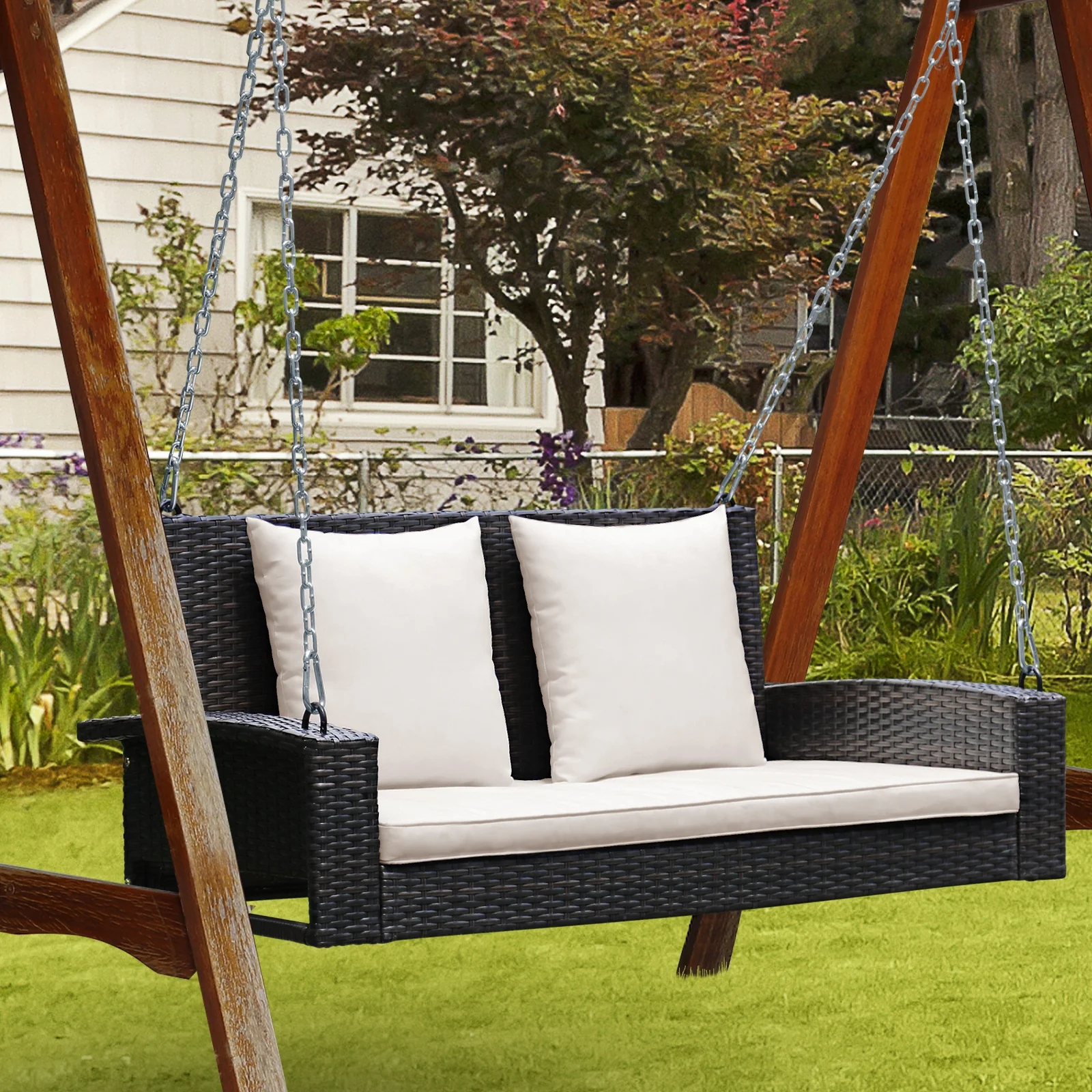 2-Person Patio Rattan Swing With Cushions, White - Image 2