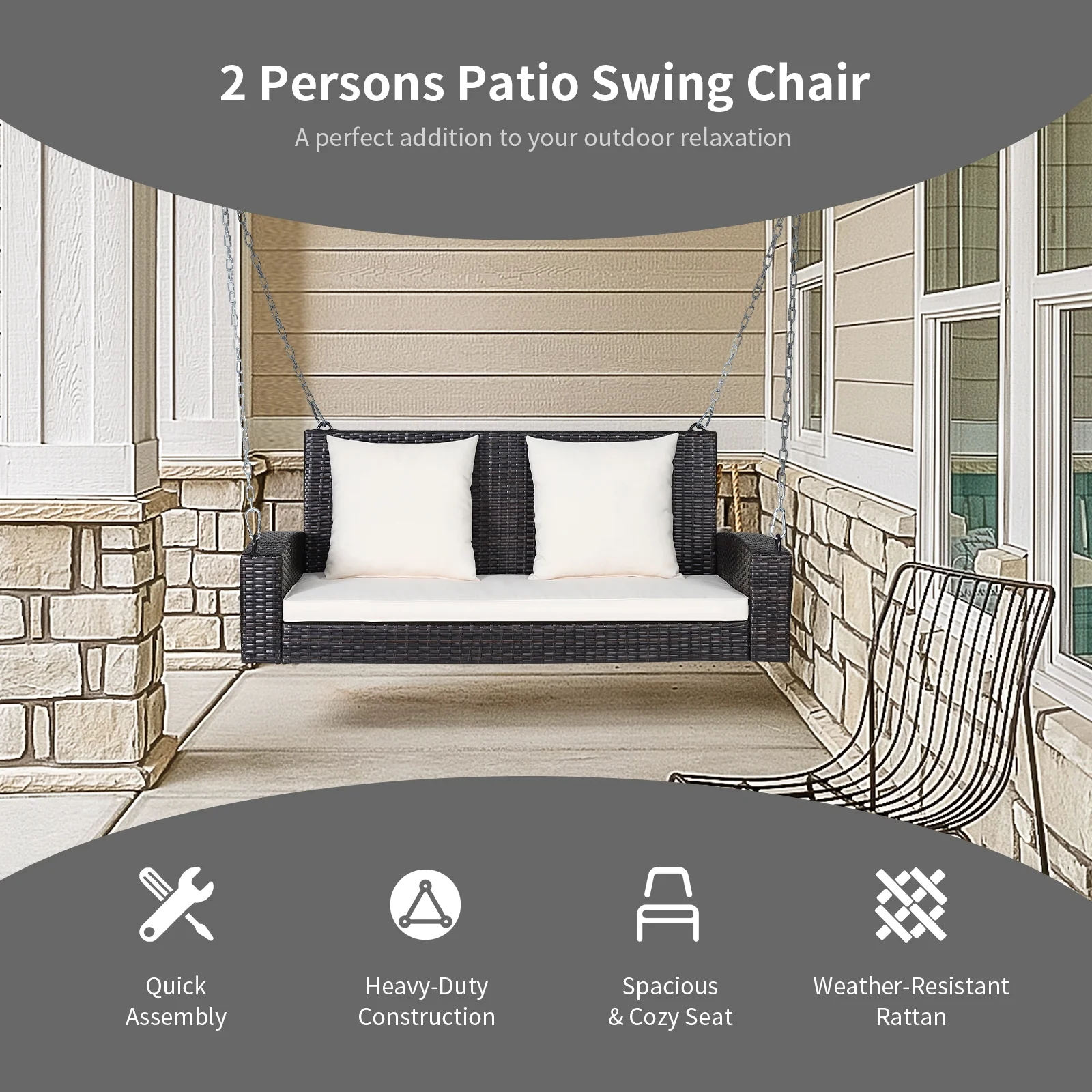 2-Person Patio Rattan Swing With Cushions, White - Image 3