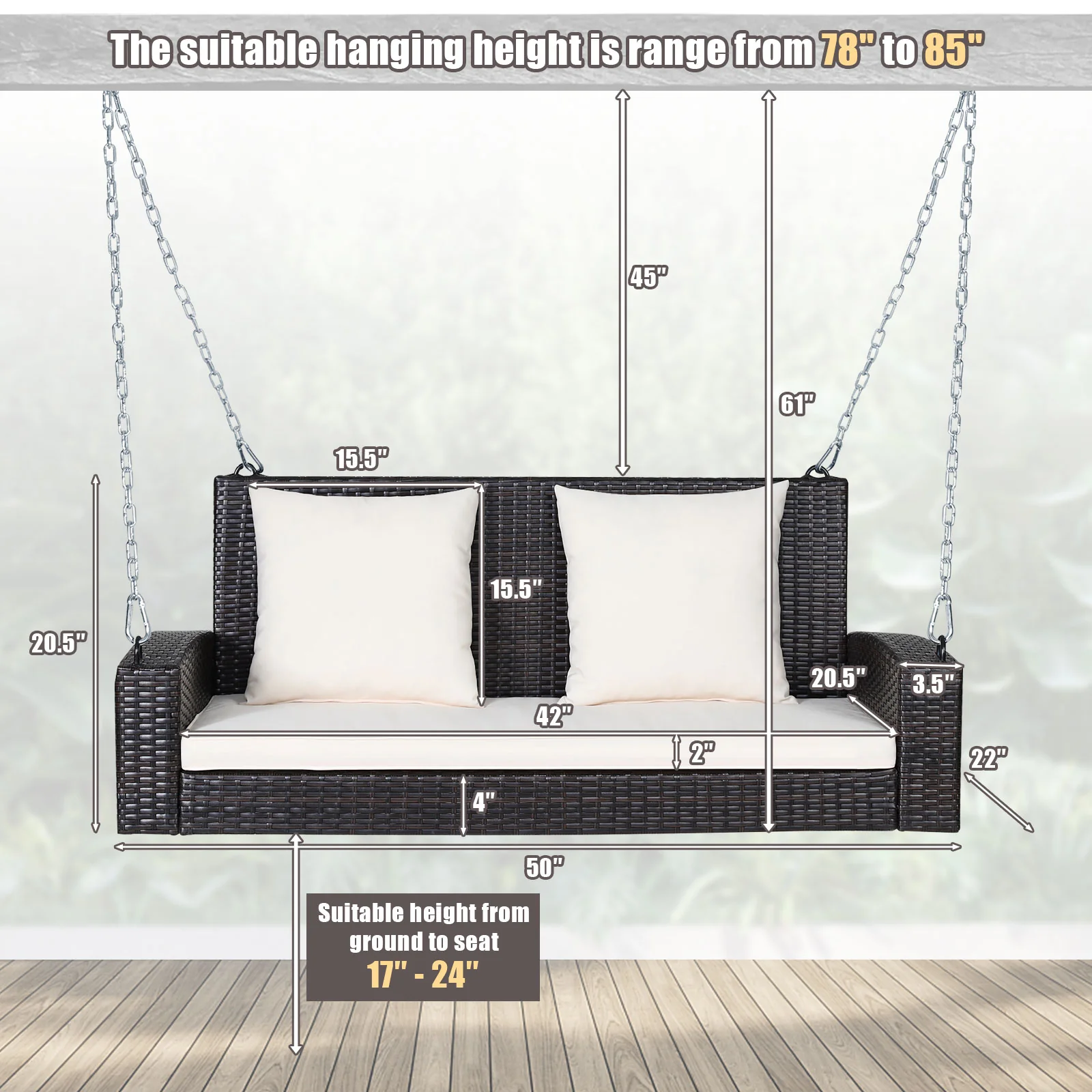 2-Person Patio Rattan Swing With Cushions, White - Image 5