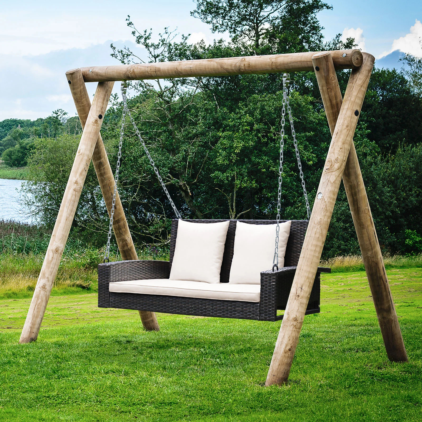2-Person Patio Rattan Swing With Cushions, White - Image 7