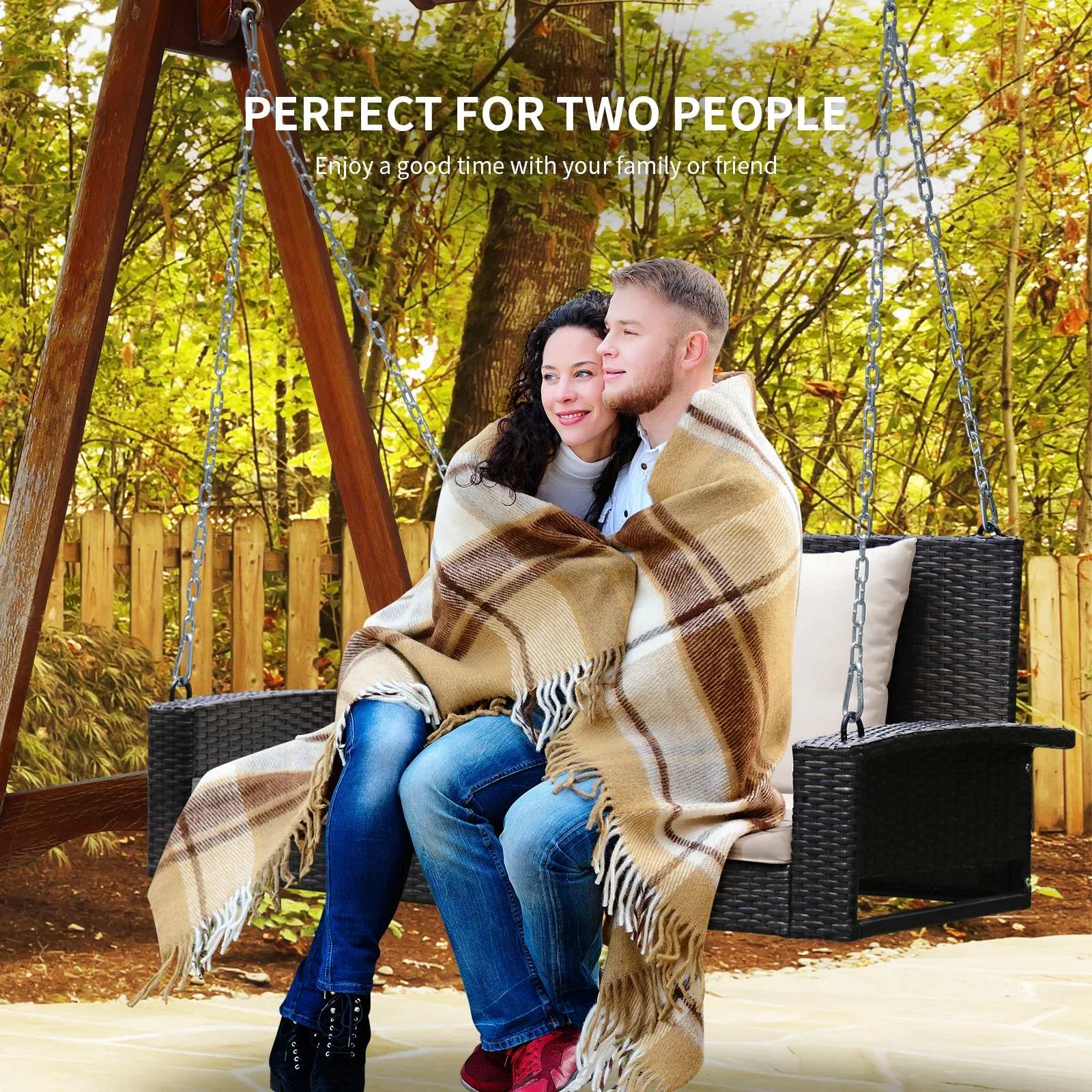 2-Person Patio Rattan Swing With Cushions, White - Image 8