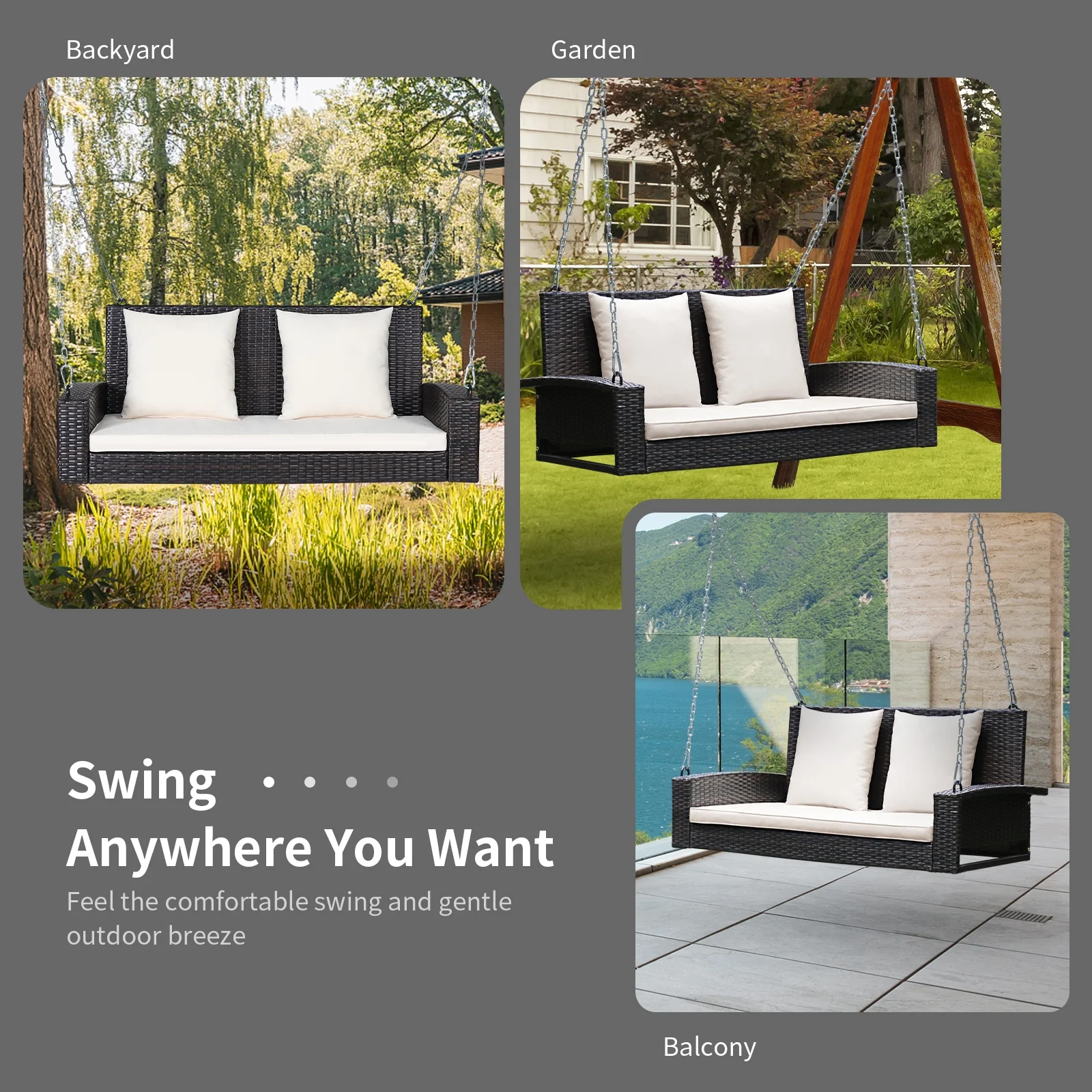 2-Person Patio Rattan Swing With Cushions, White - Image 9