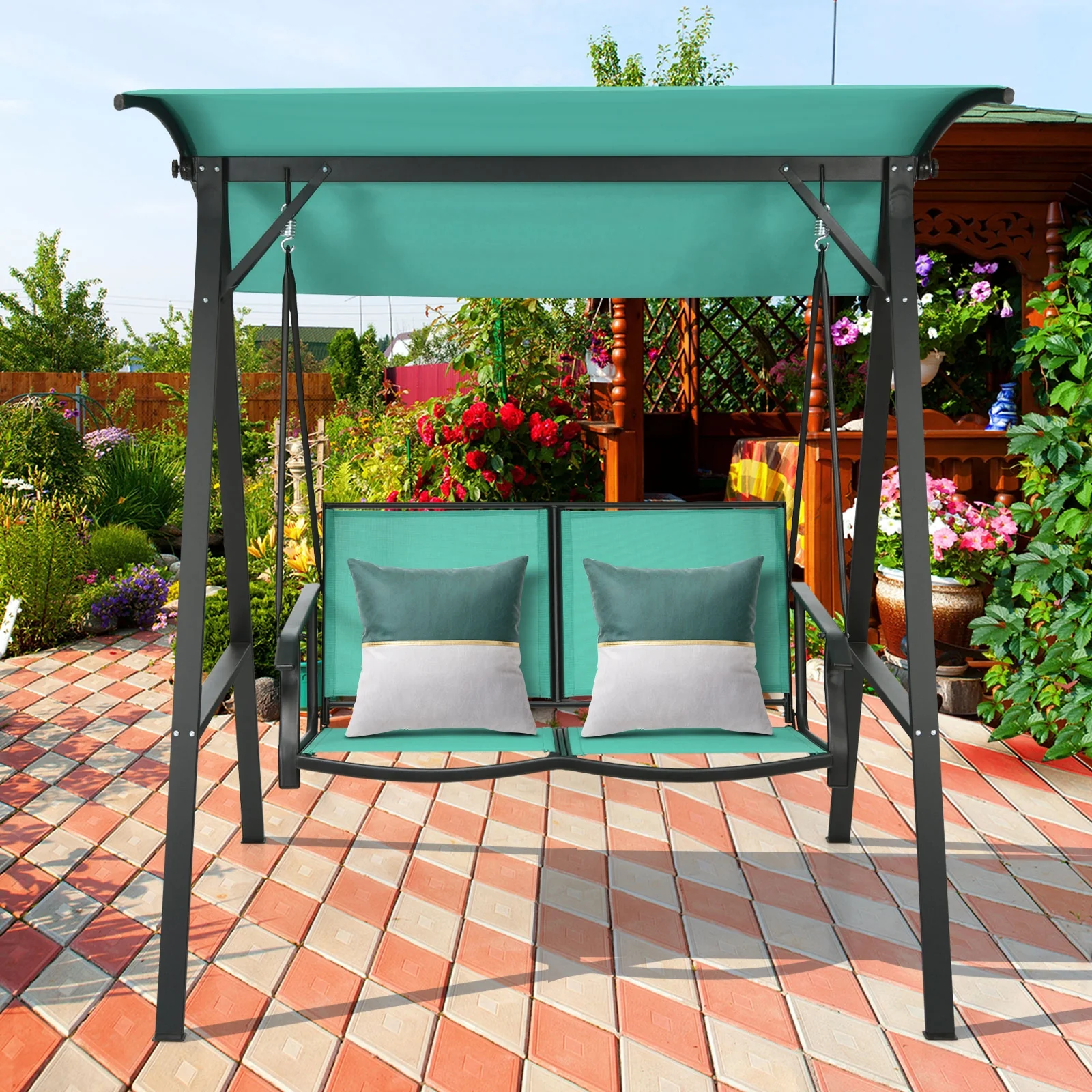 2 Person Patio Swing, Weather Resistant Glider, Adjustable Canopy, Green - Image 3