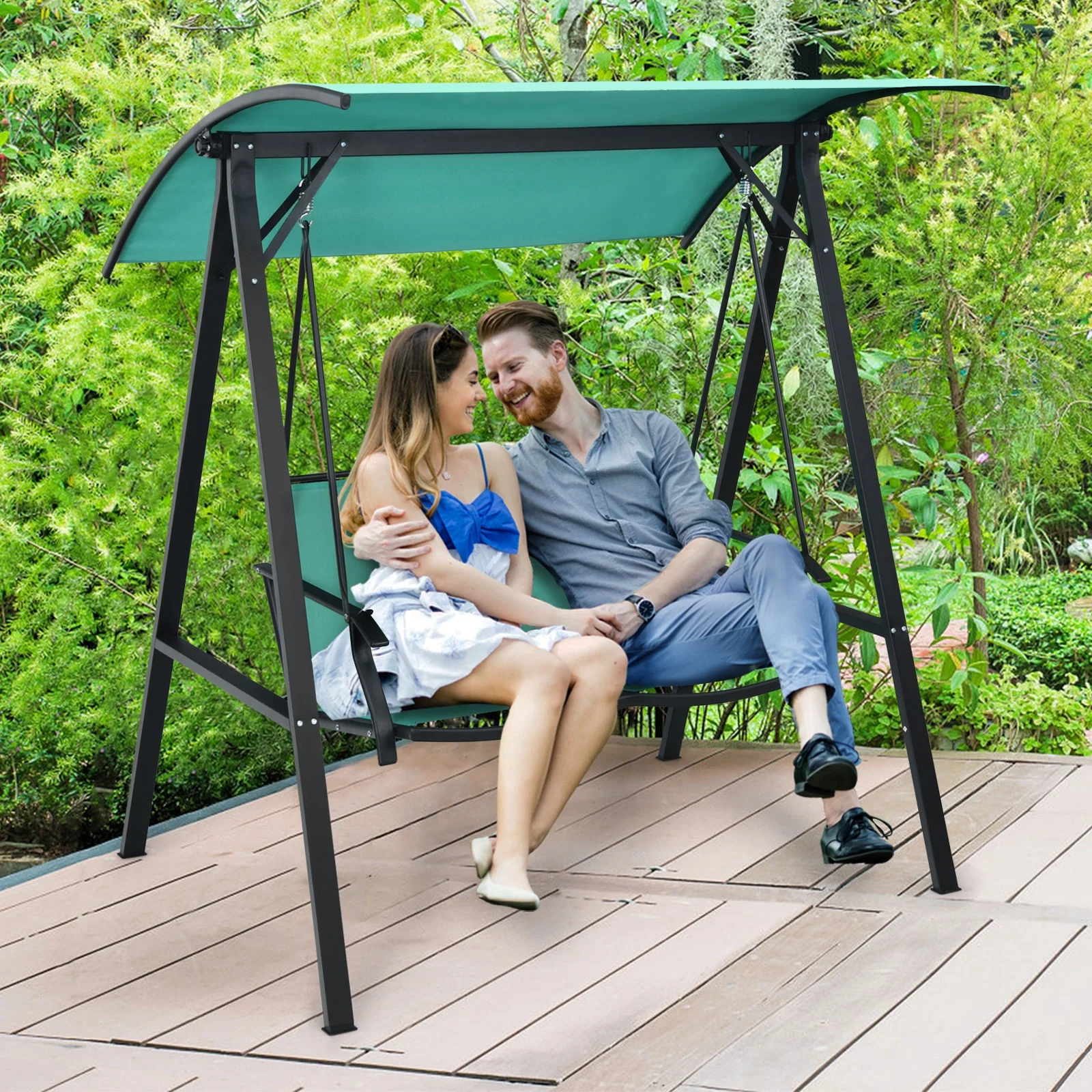 2 Person Patio Swing, Weather Resistant Glider, Adjustable Canopy, Green - Image 7