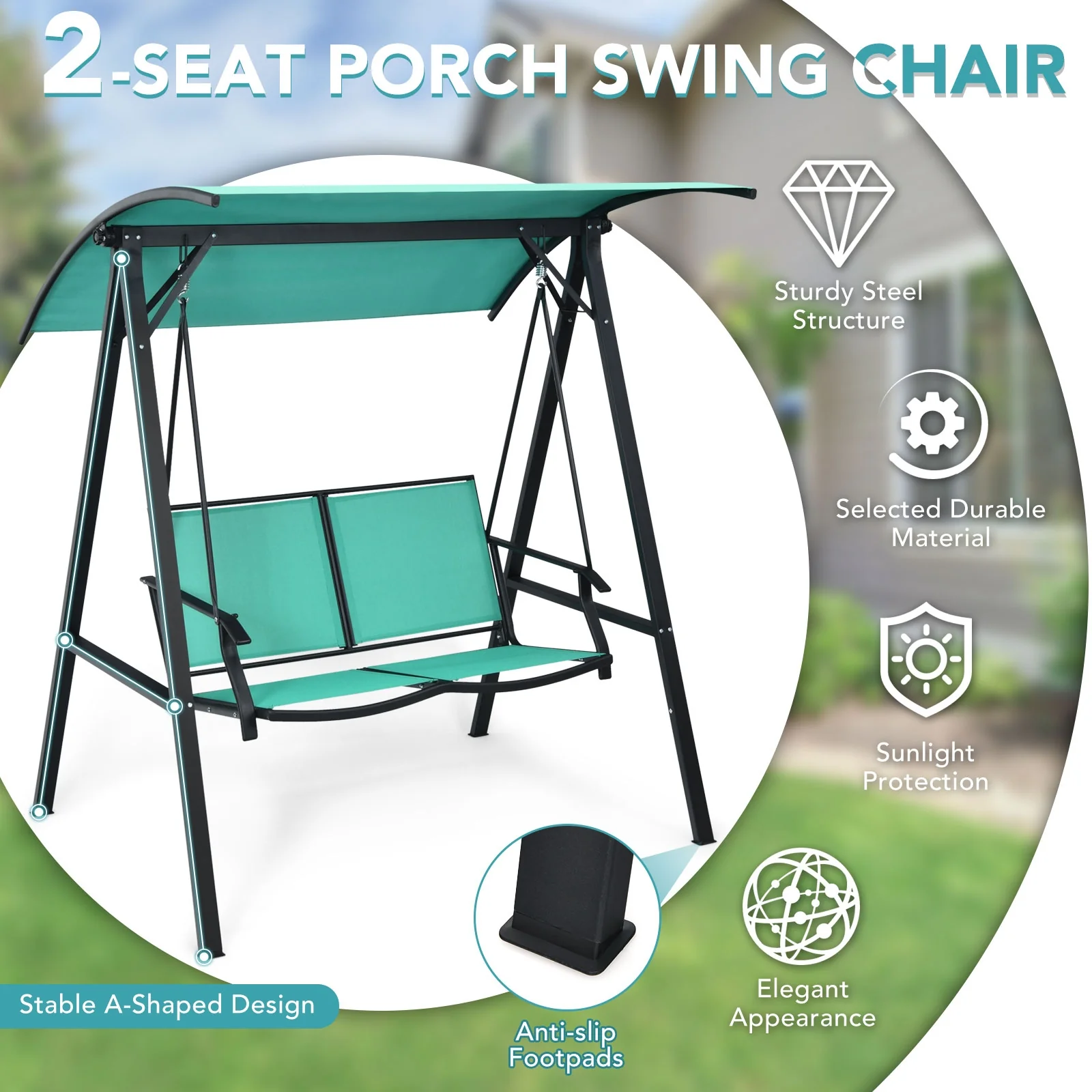 2 Person Patio Swing, Weather Resistant Glider, Adjustable Canopy, Green - Image 8