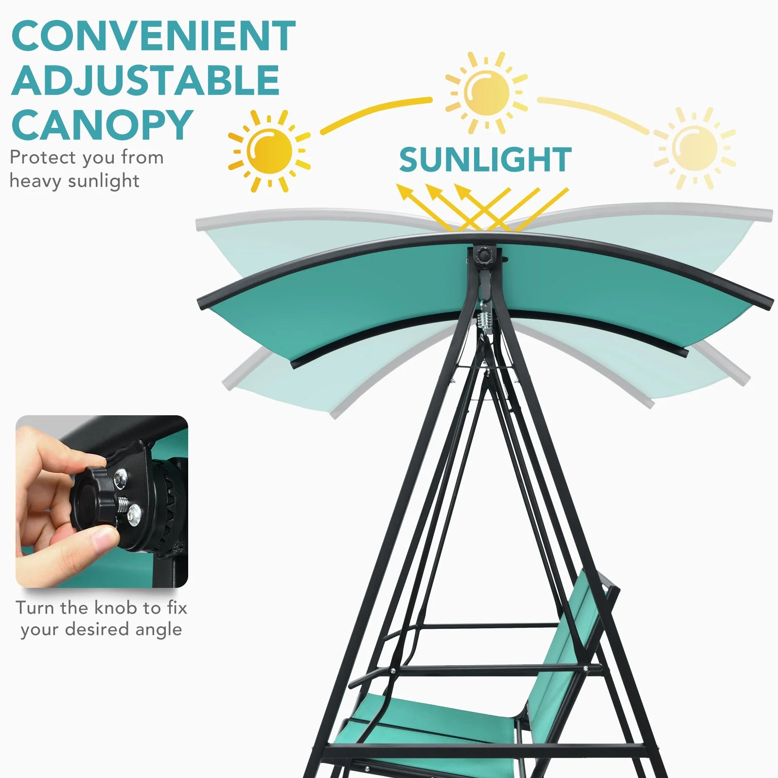 2 Person Patio Swing, Weather Resistant Glider, Adjustable Canopy, Green - Image 9