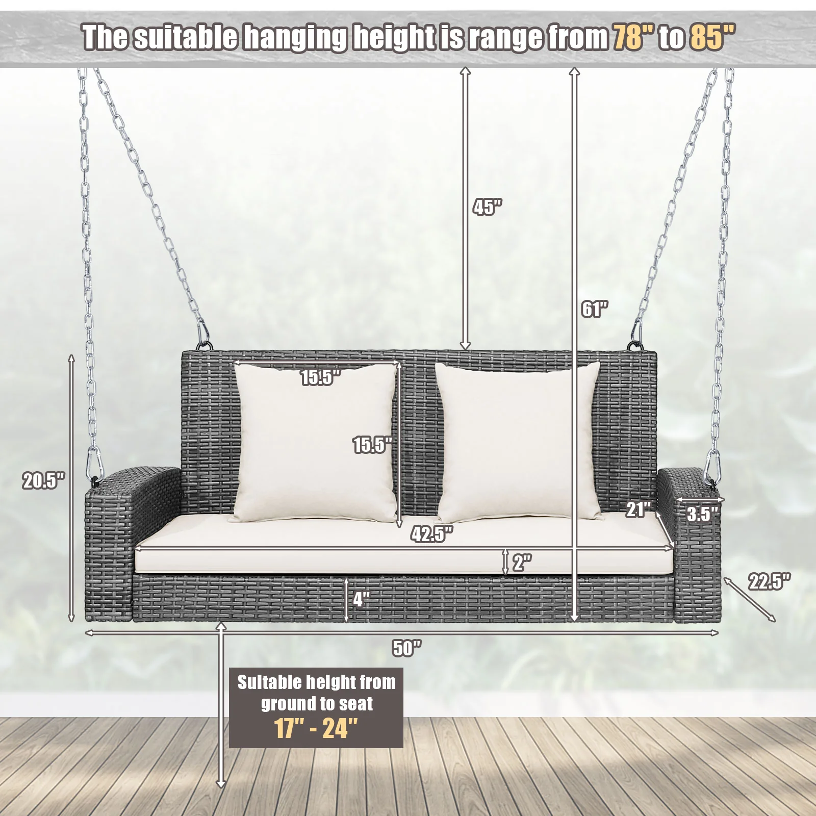 2-Person Patio Wicker Hanging Swing Bench, 800 Pounds, White - Image 6